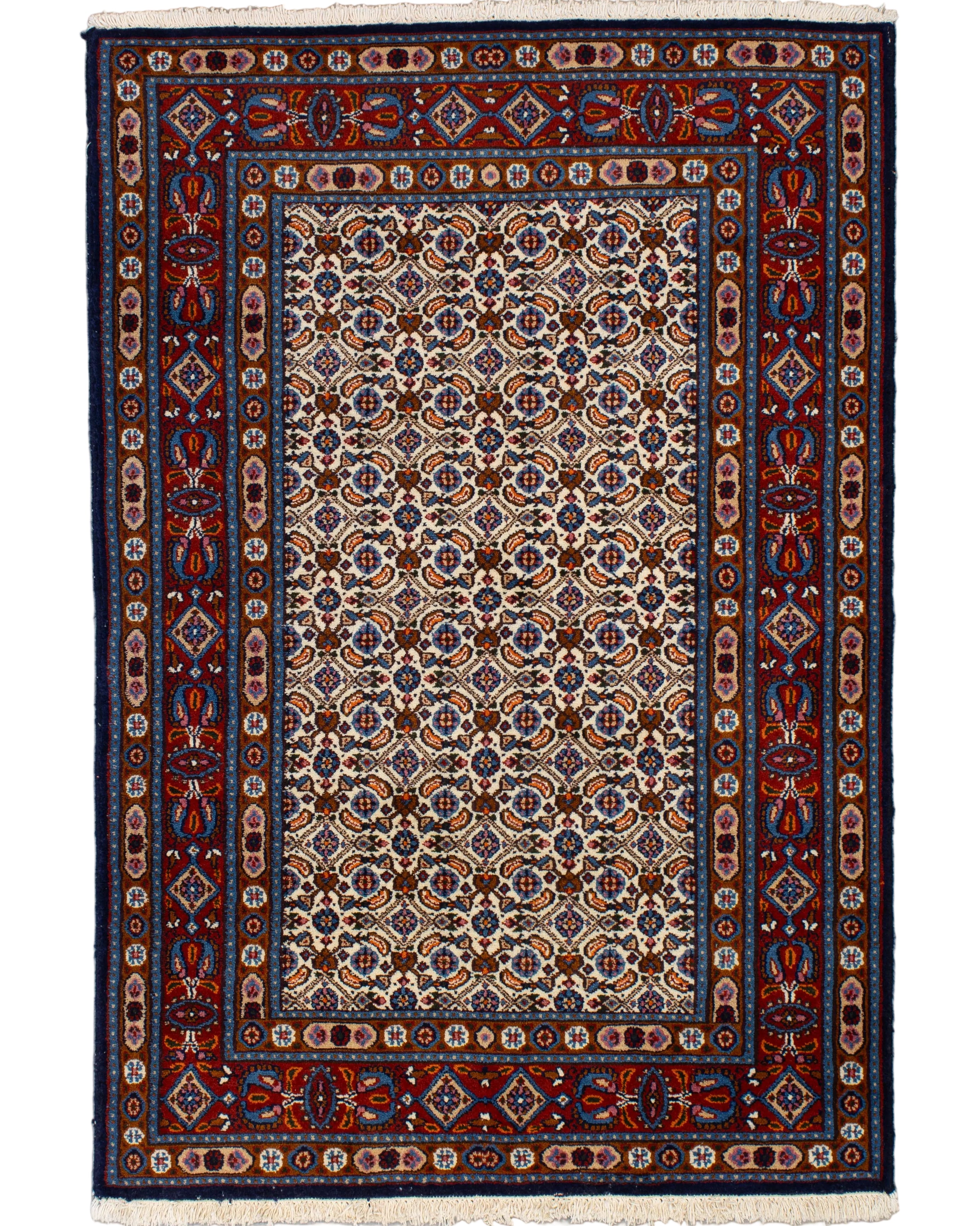 Hand-knotted ivory wool Persian Bidjar rug with herati lattice pattern and layered red and blue borders, 3'2" x 4'8".