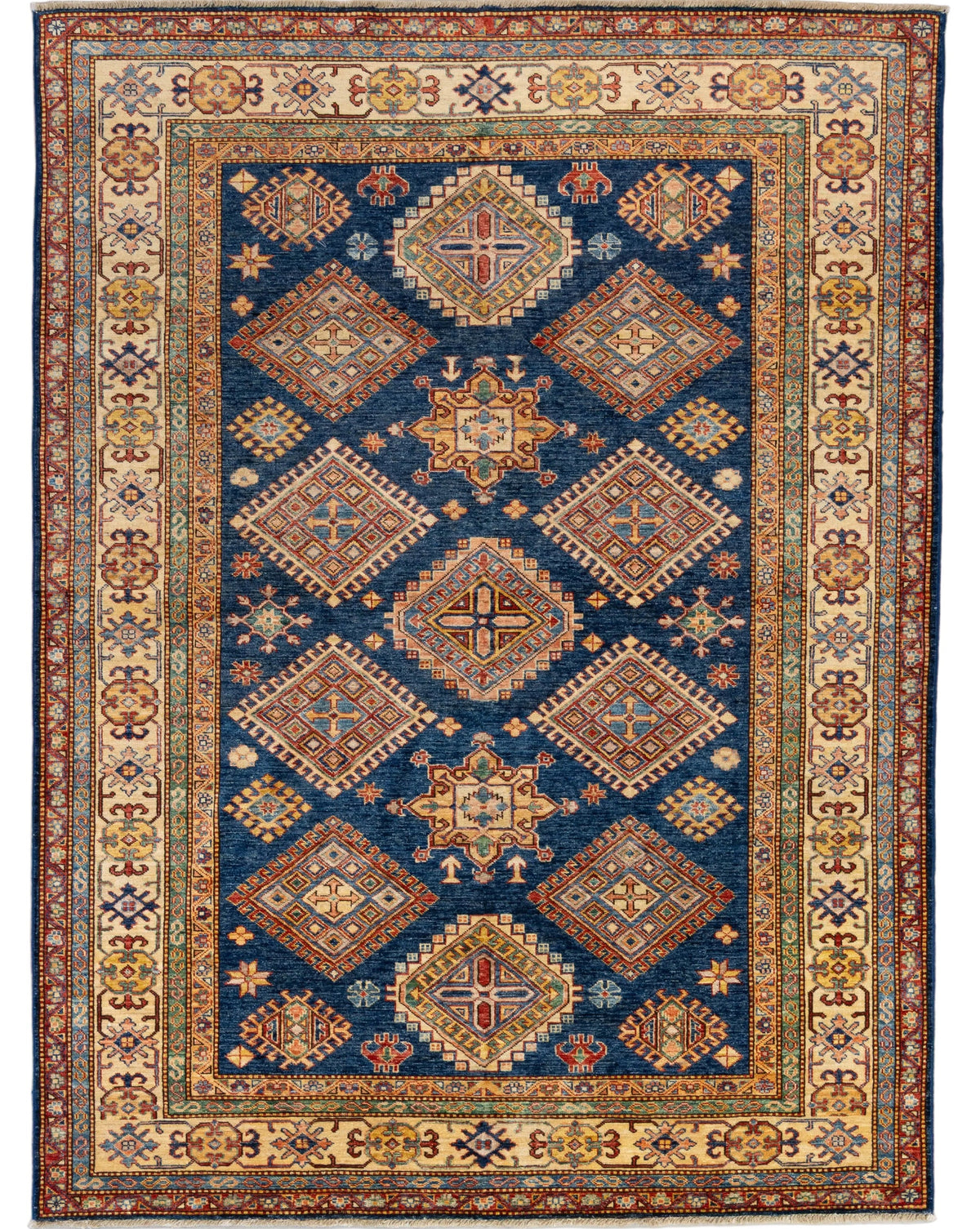 Deep Blue handknotted wool Kazak rug with gold and ivory diamond medallion geometric pattern, 6' x 8'.