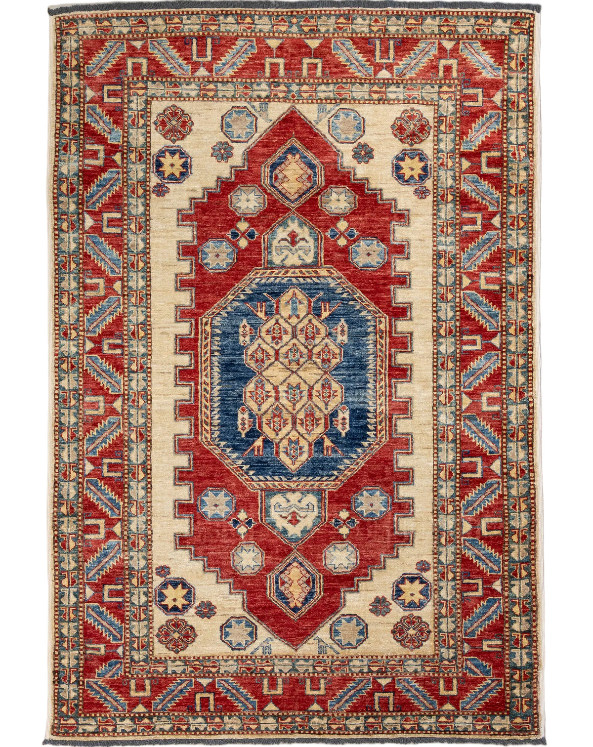 One-of-a-kind 3'11" x 5'10" Pakistan Kazak hand-knotted wool rug featuring a crimson red geometric medallion with a navy blue center, ivory field, and intricate multicolored tribal borders.