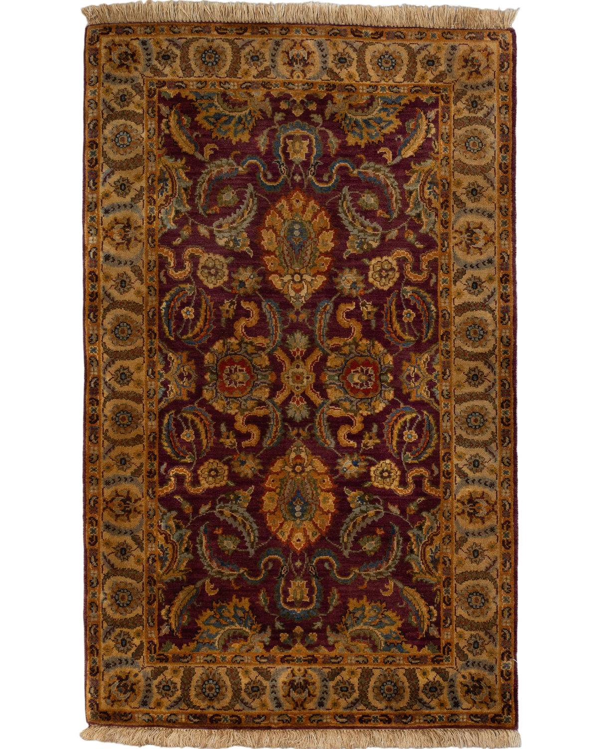 One-of-a-kind 3' x 5' Indian hand-knotted 100% wool rug featuring a deep plum purple field with elaborate gold, rust, olive green, muted blue, and beige paisley and floral motifs framed by a traditional botanical border.