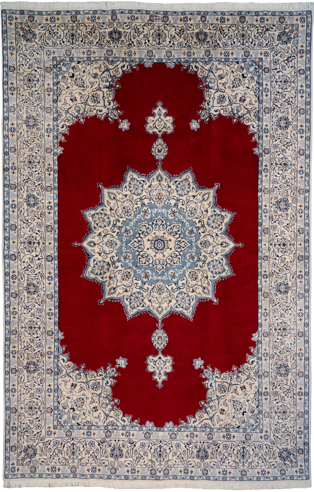 Hand-Knotted Persian Nain Wool & Silk Red Medallion Rug 6'8