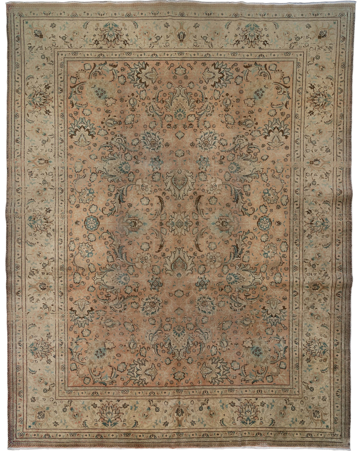 Peach 9'10" x 12'7" vintage hand-knotted wool Kashan rug from Iran with an allover floral pattern and ivory, blue-green, cream, taupe, brown, and coral accents