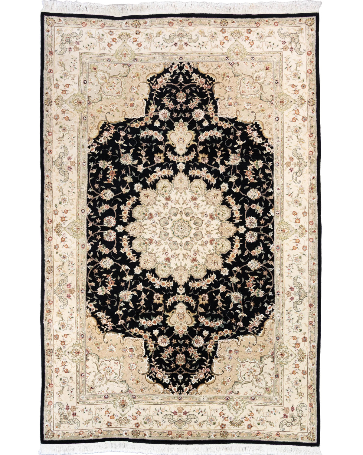 Black 6' x 9' hand-knotted wool and silk Sino Tabriz rug with an ivory central medallion, floral vines, and cream, green, red, taupe, and gold accents.