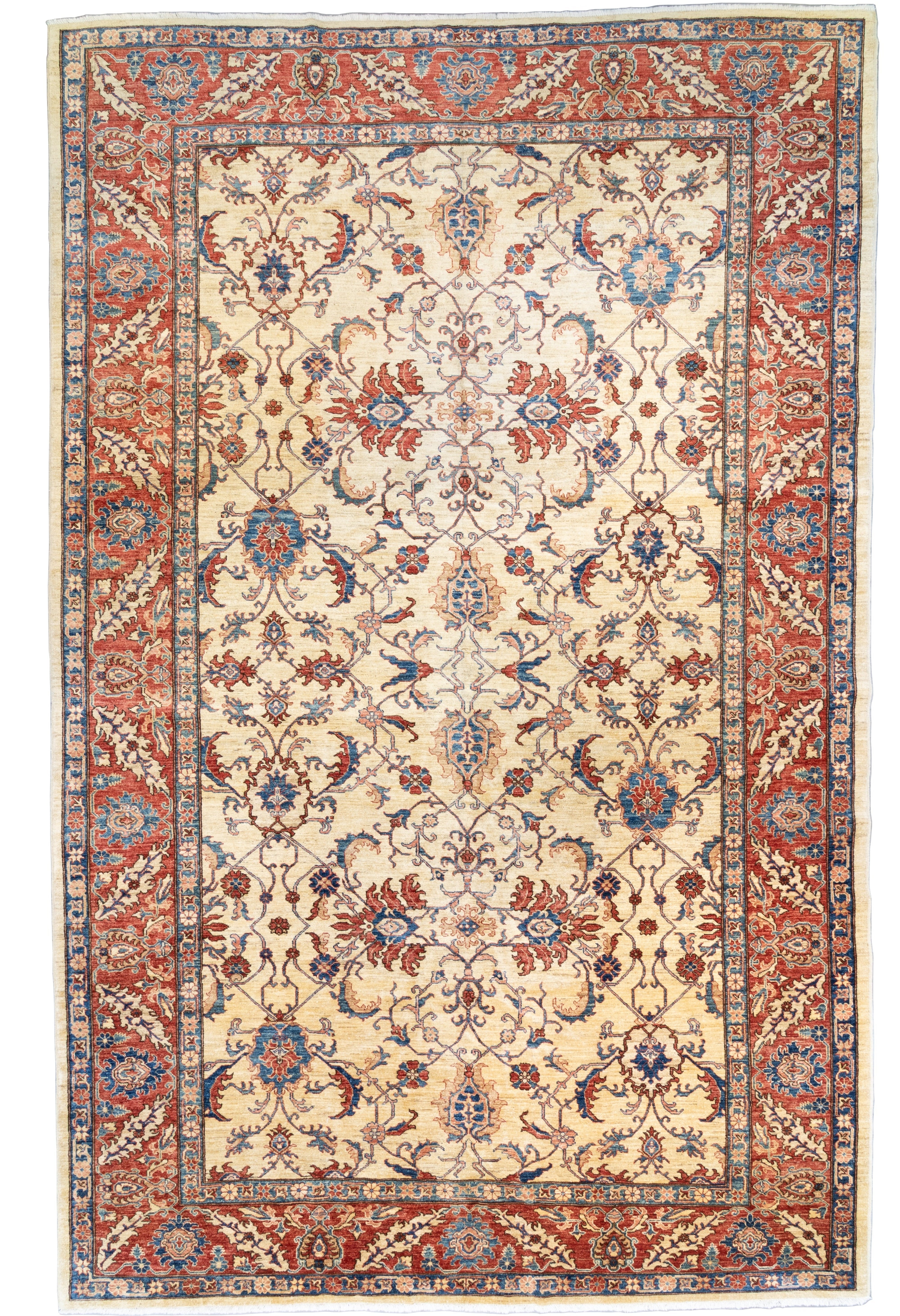 Ivory hand knotted Chobi wool rug with rust and blue floral design