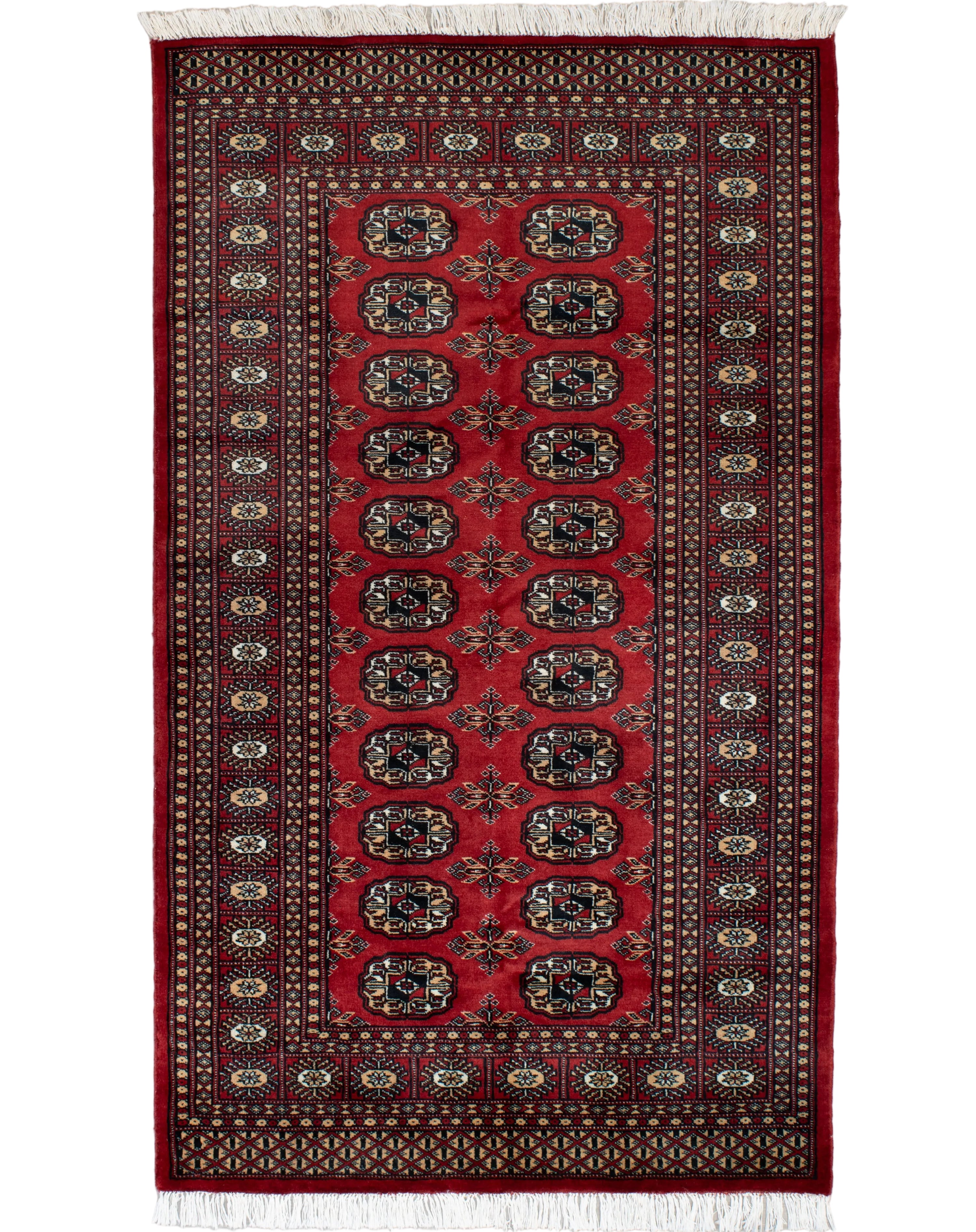 Red hand knotted Pakistani Bokhara wool rug with classic repeating Turkmen gul medallions in ivory and camel, 3x5