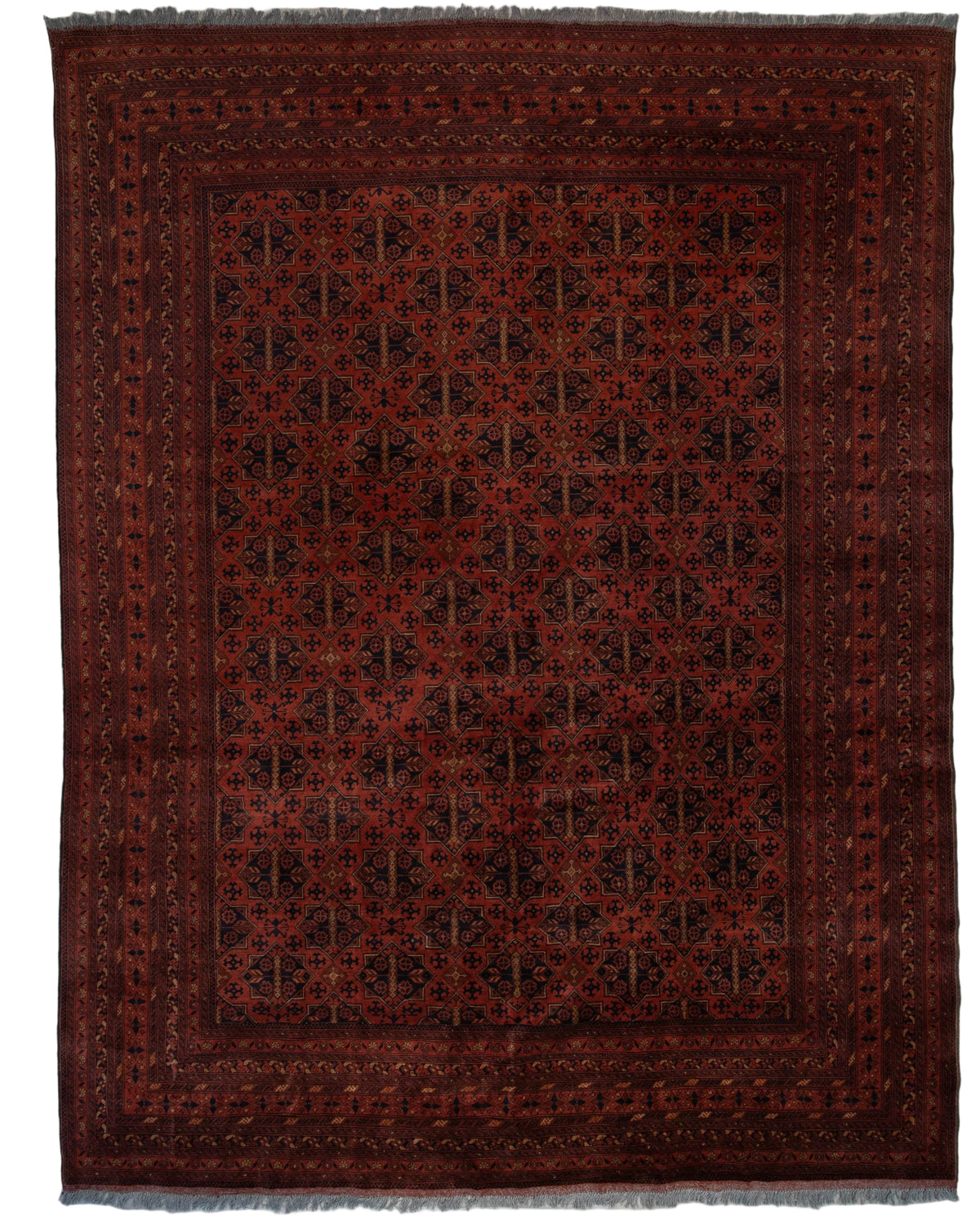Brick red and black handknotted wool Khal Mohammadi rug with an allover octagonal gul medallion pattern, 9'9" x 13'.