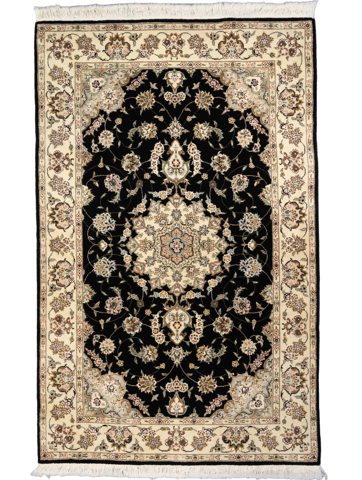 One-of-a-kind 3'9" x 5'9" Sino Tabriz hand-knotted wool and silk pile rug woven in China by Iranian weavers, featuring a black field with an elaborate ivory floral medallion, scrolling botanical vines, and an ornate ivory border.