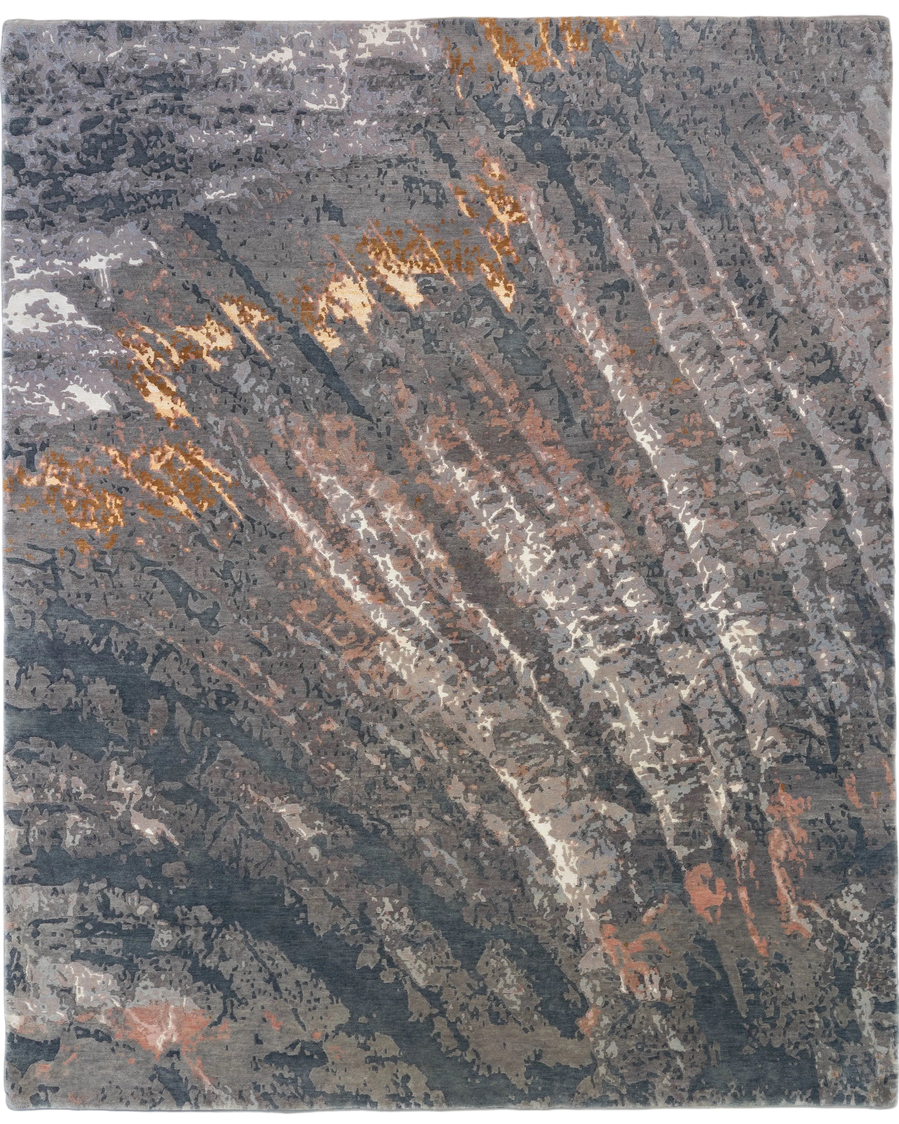 Charcoal hand-knotted wool and bamboo silk abstract rug with rust and amber veining, 8'6" x 10'4".