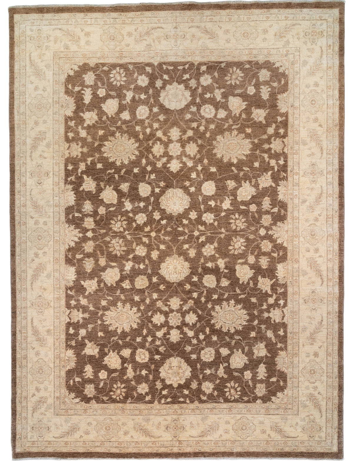 Brown handknotted wool Chobi rug with an ivory and honey allover floral vine pattern, 10' x 14'.