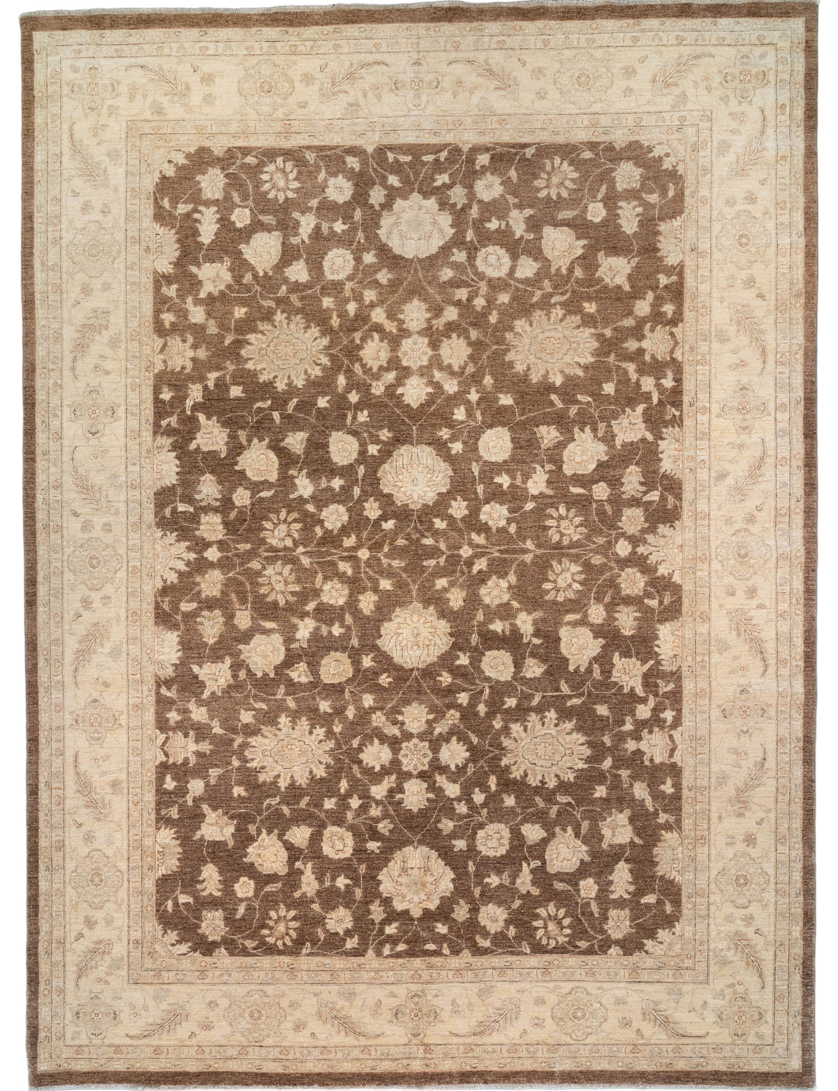 Brown handknotted wool Chobi rug with an ivory and honey allover floral vine pattern, 10' x 14'.