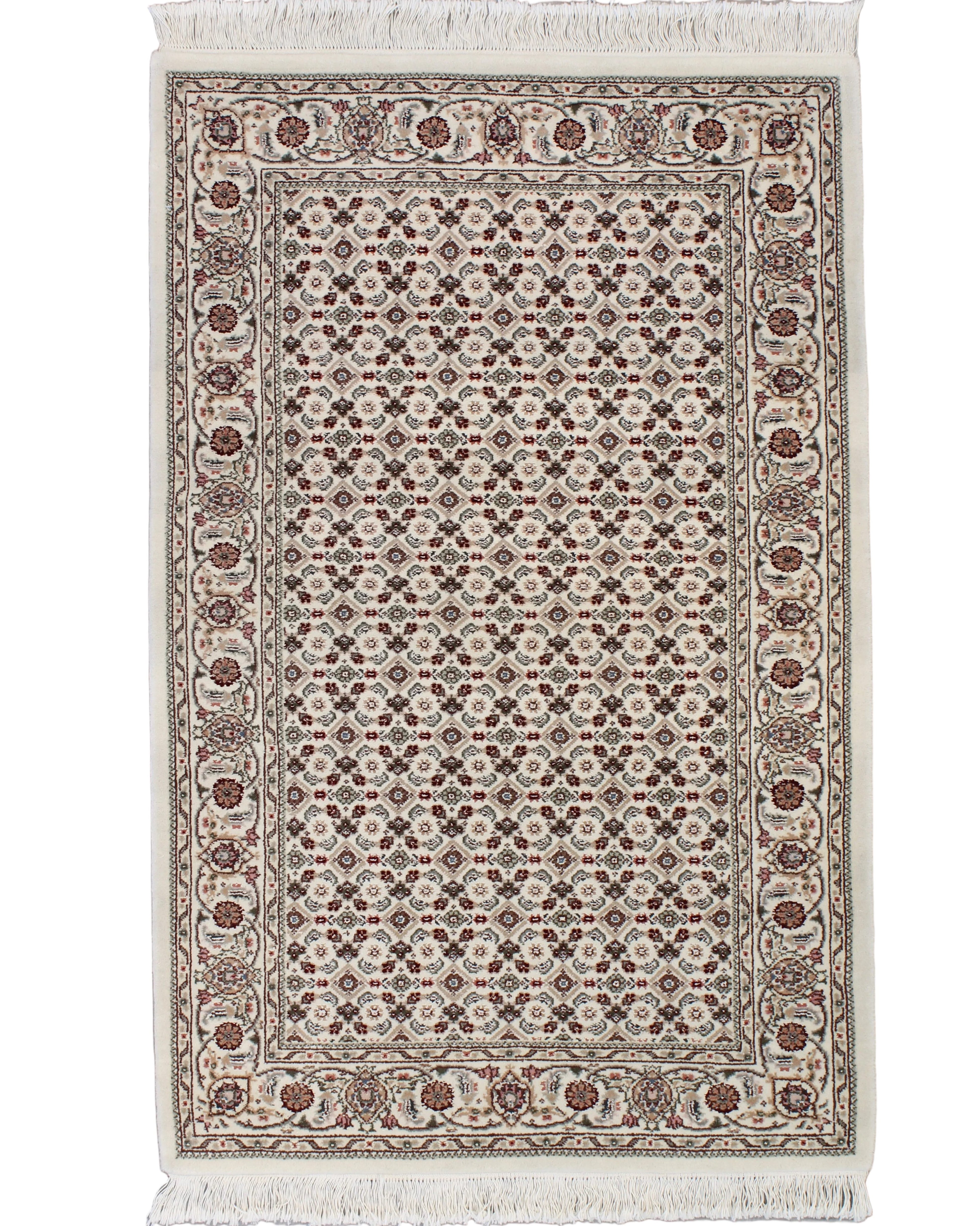 Hand-knotted ivory wool and silk Sino Tabriz rug with burgundy and sage herati pattern, 3' x 5'.
