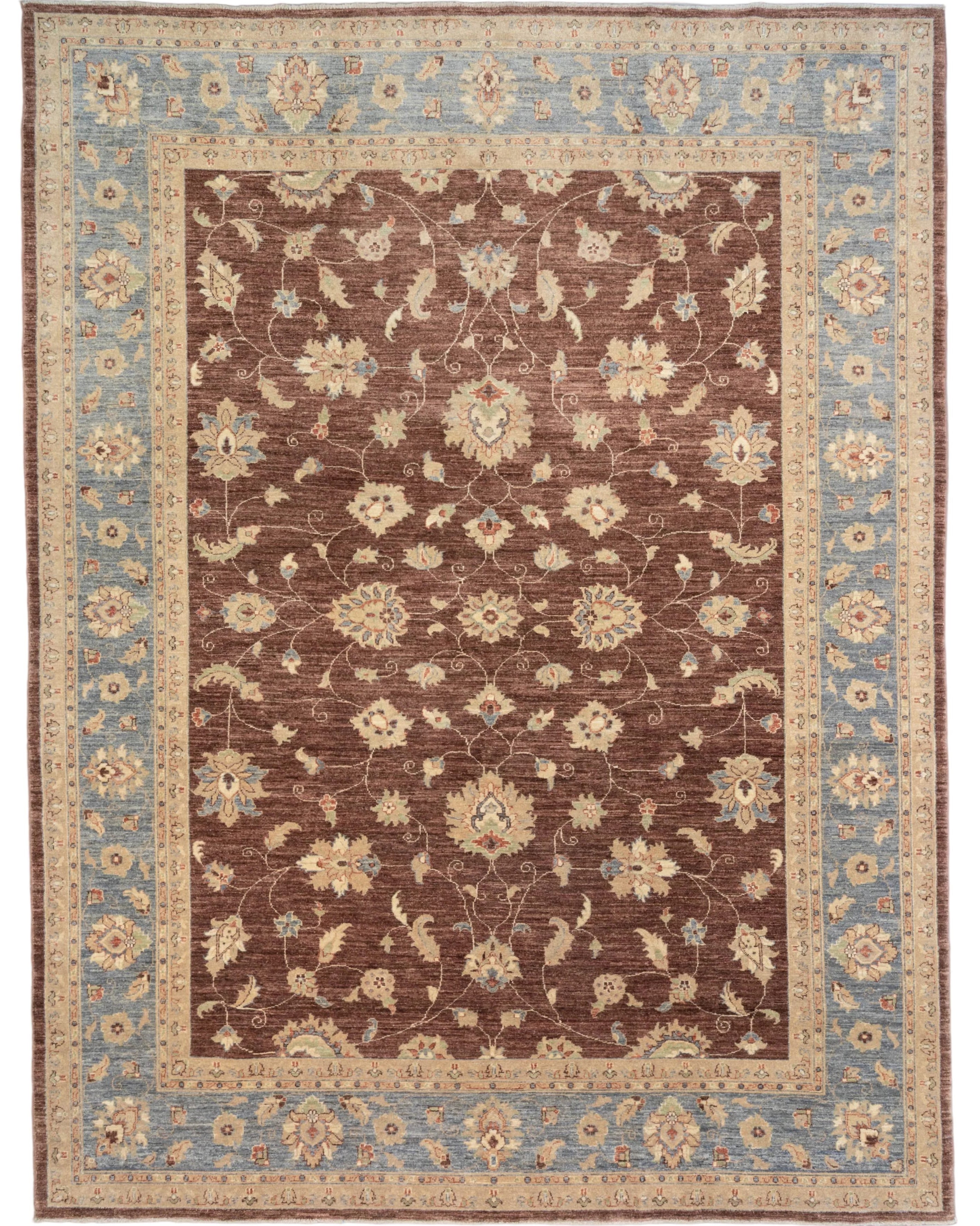 Brown and slate blue handknotted wool Chobi rug with an allover floral vine pattern, 8'5" x 11'3".