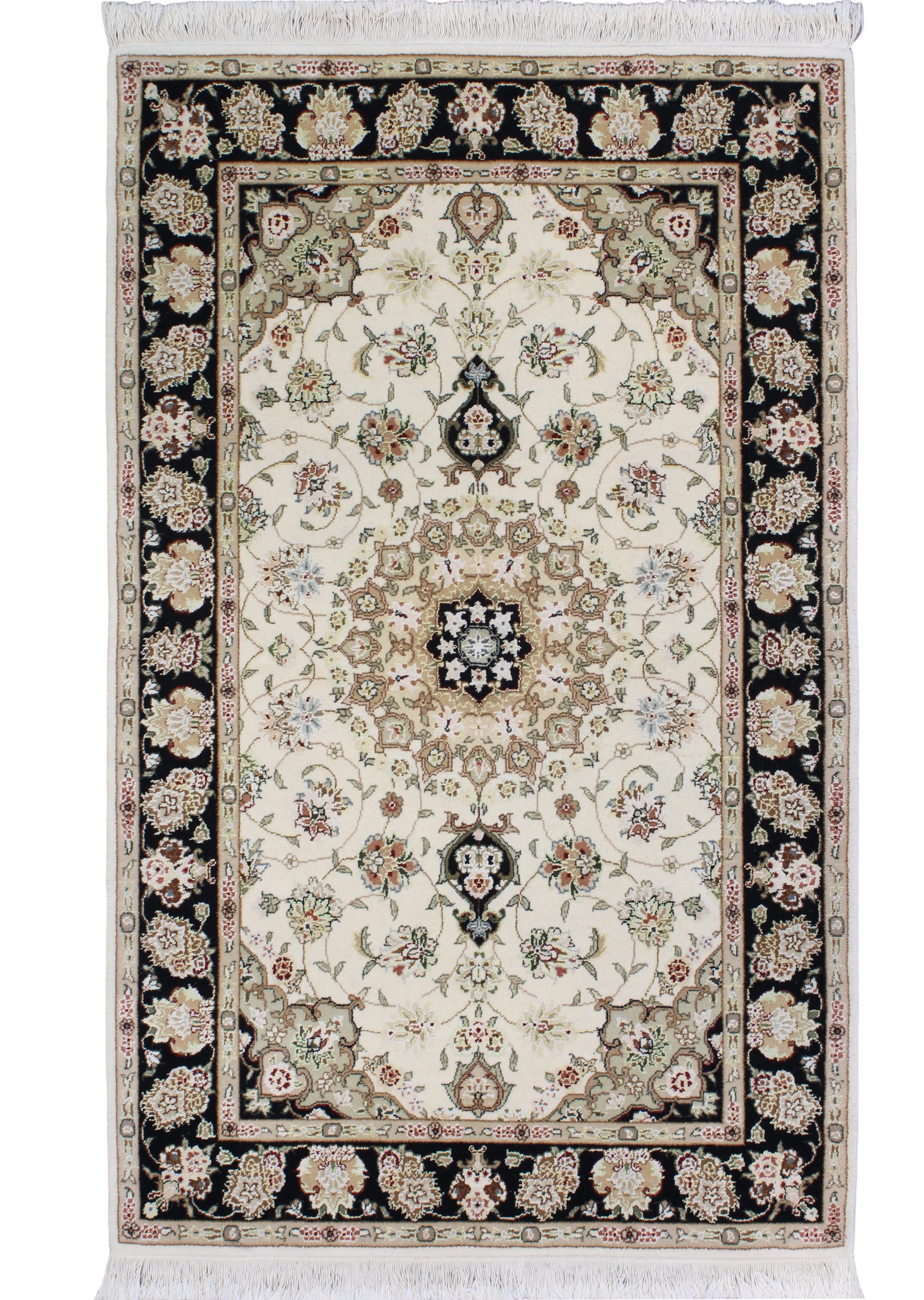 Hand-knotted ivory wool and silk Sino Tabriz rug with black floral border and star medallion, 3'9" x 5'9".
