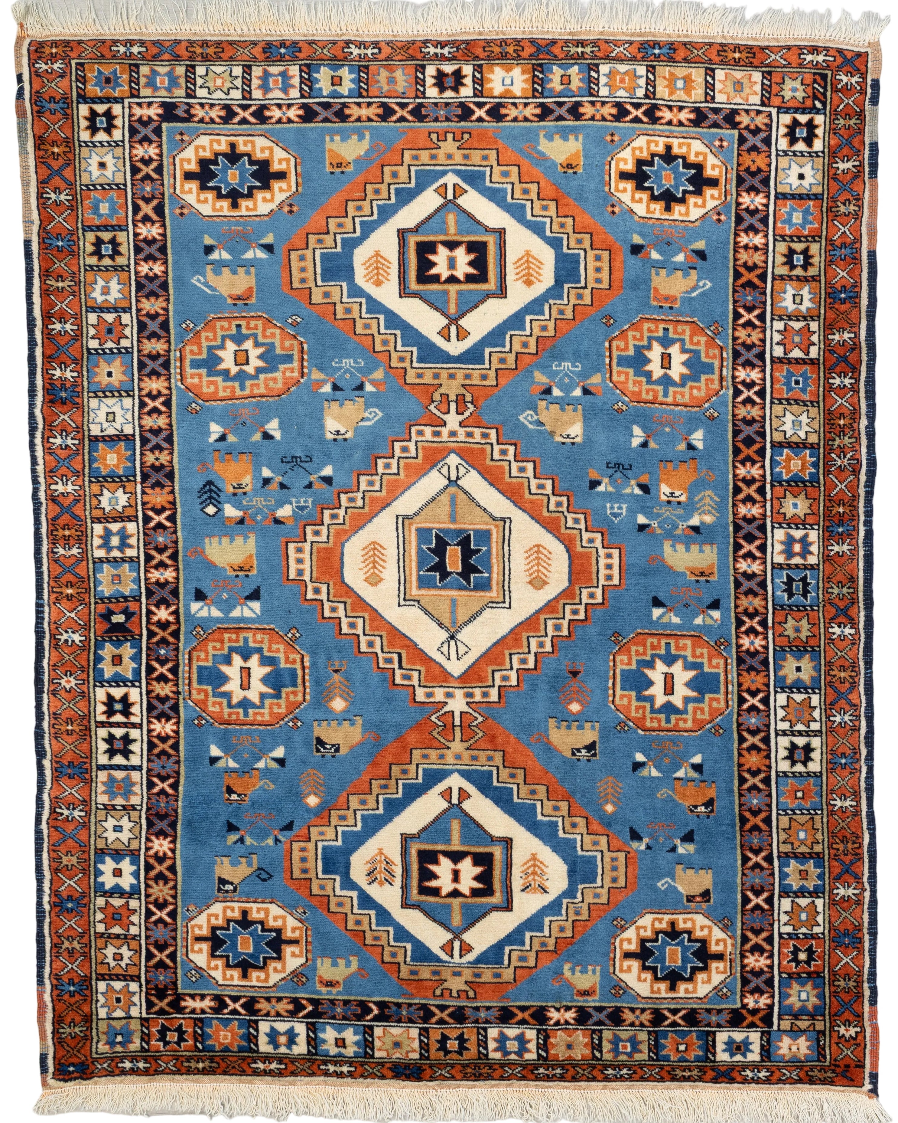 Sky blue hand knotted Persian Ghoochan wool rug with triple diamond medallions in rust and ivory, 3'11x4'11