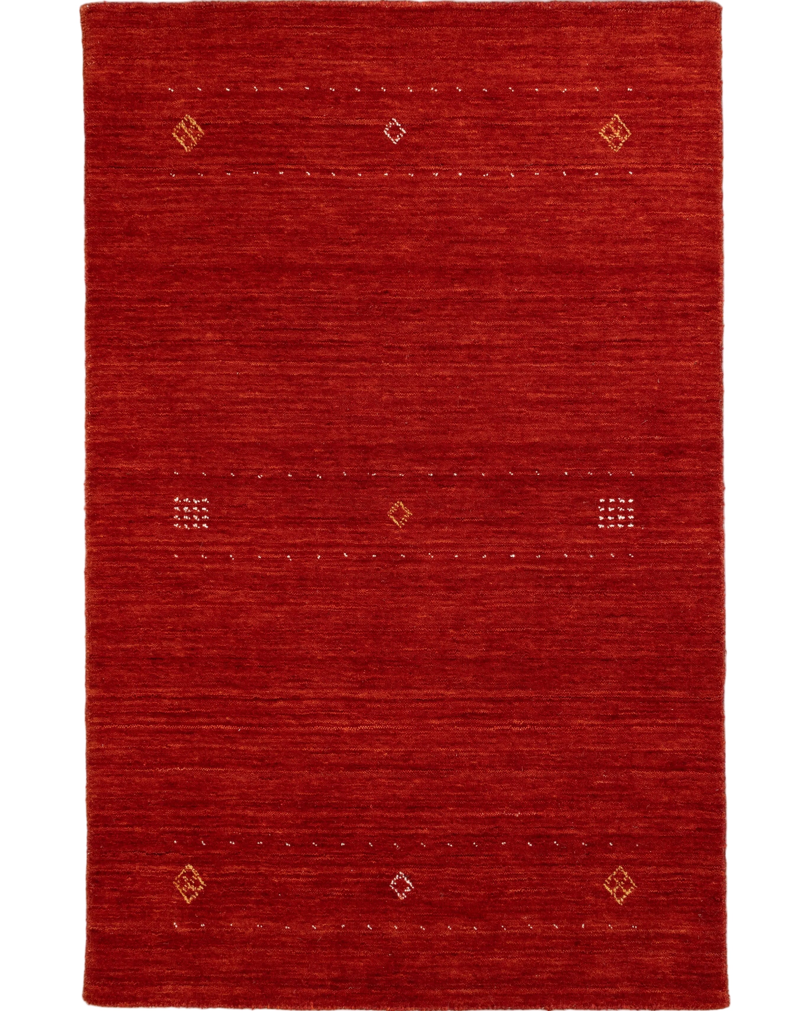 Deep rust red handmade Gabbeh wool rug with minimalist scatter diamond motifs in gold and ivory, 3x5
