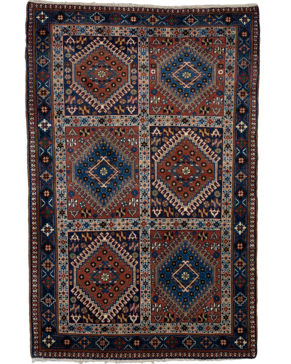 One-of-a-kind 3x5 Persian Yalameh hand-knotted wool rug featuring six geometric medallions in navy blue and rust red, accented with ivory, black, green, and gold tribal motifs and intricate geometric borders.