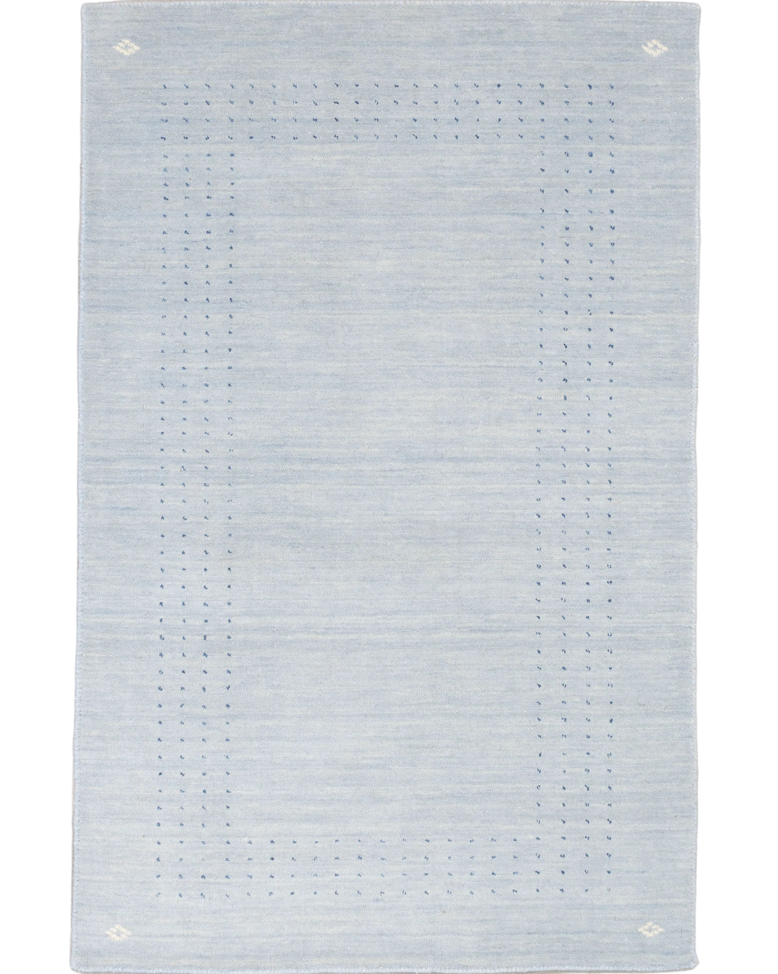 Soft powder blue handmade Gabbeh wool rug with minimalist dot border and ivory diamond accents, 3x5