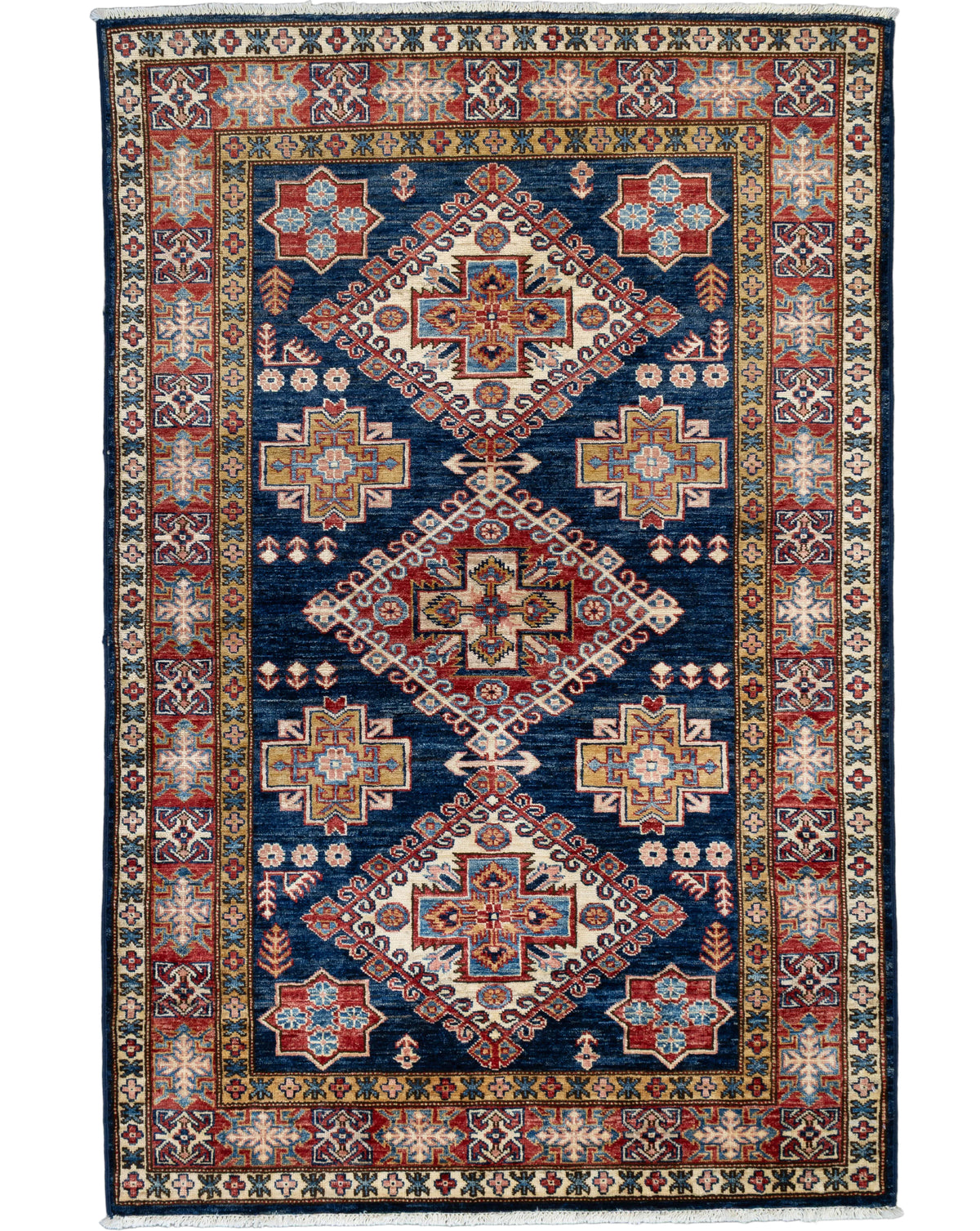 One-of-a-kind 4' x 6' Pakistani Kazak hand-knotted wool rug featuring a deep navy blue field with three ivory and rust red geometric diamond medallions, decorative cross motifs, and intricate tribal borders accented in light blue and gold.