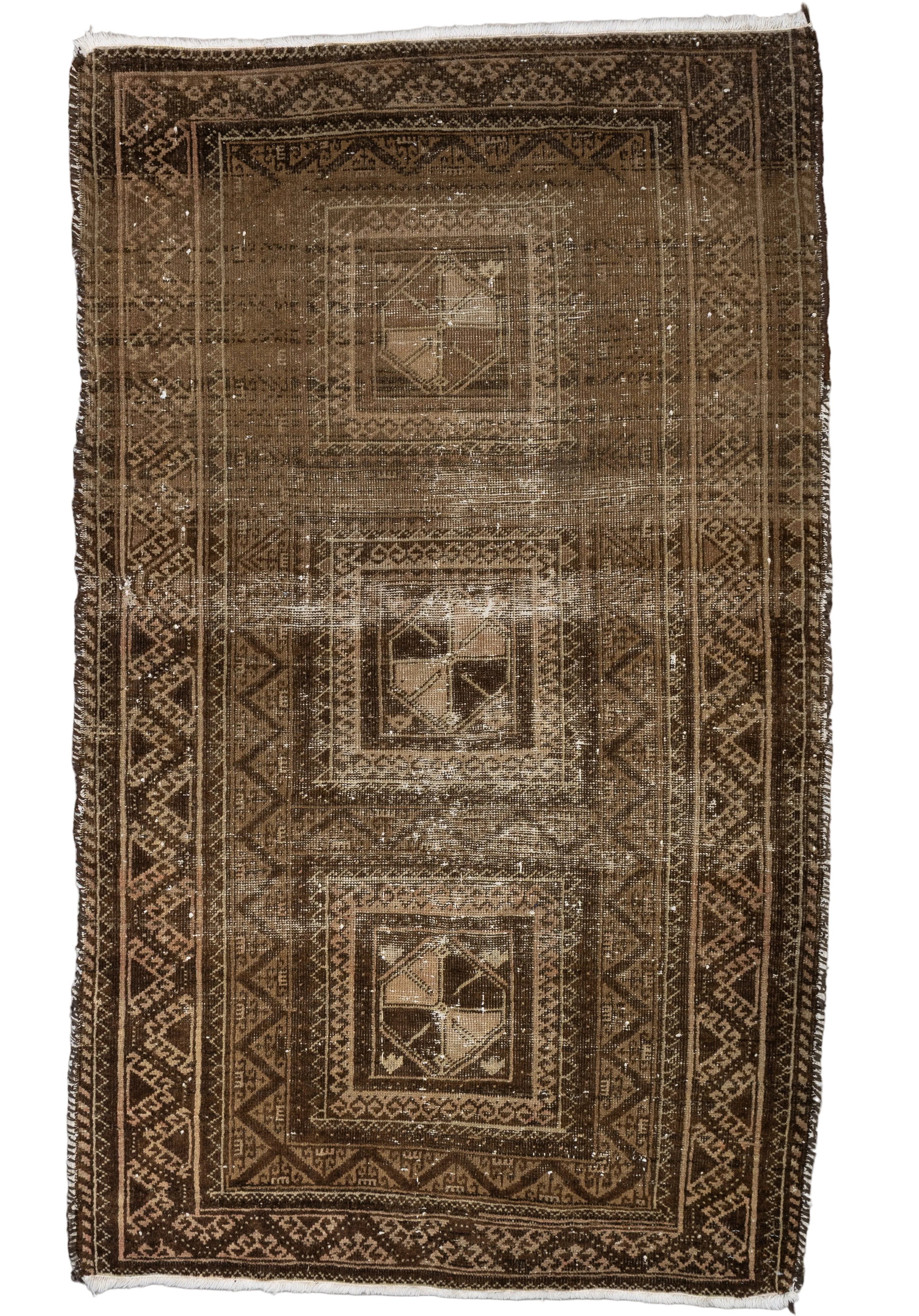 Vintage hand-knotted Persian Quchan wool rug in natural chocolate brown and camel with three angular geometric medallions and stacked chevron borders, 3'6" x 5'1", made in Iran.
