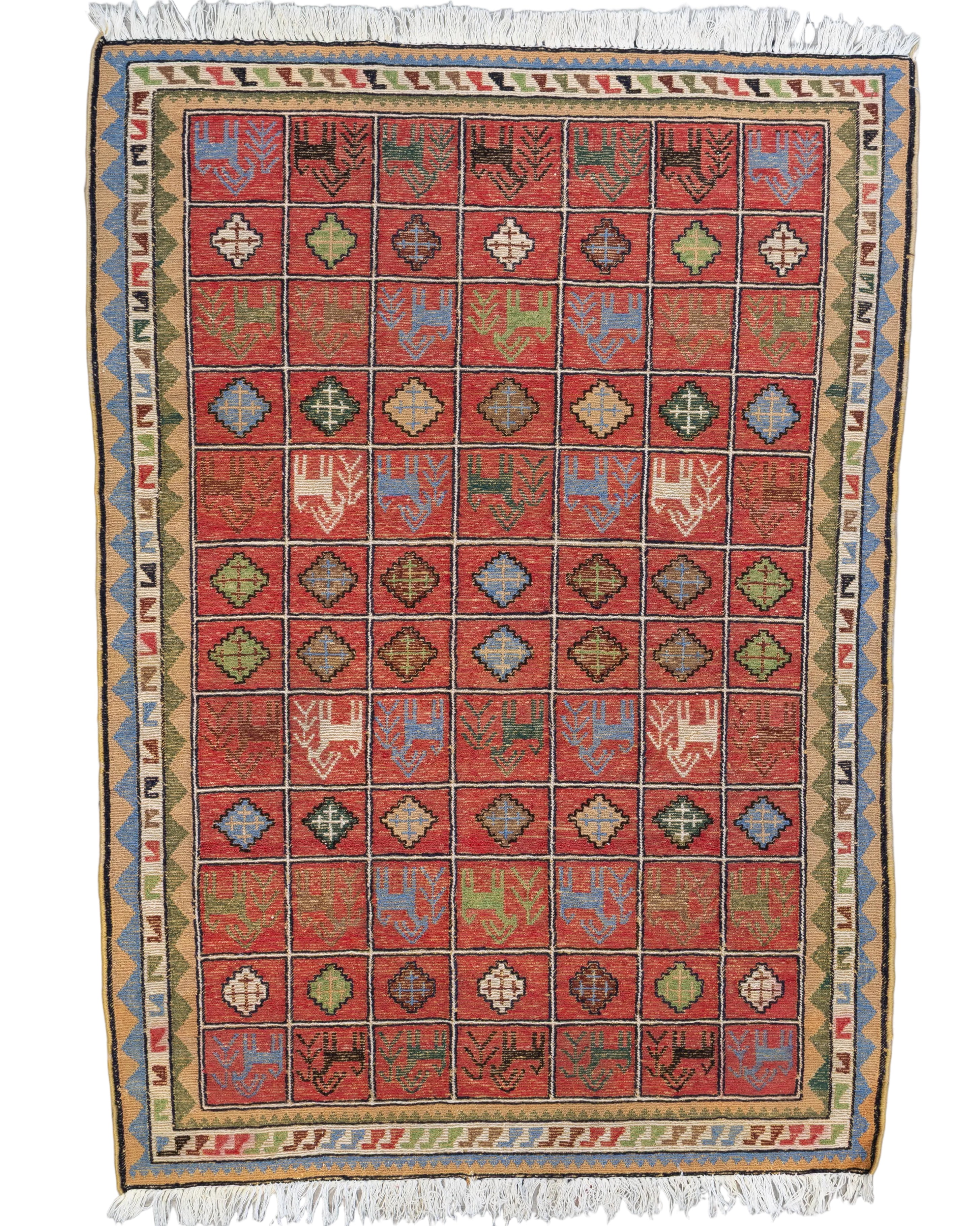 Red flat-woven Persian Soumak wool rug with animal and geometric compartment motifs, 3' x 5'.