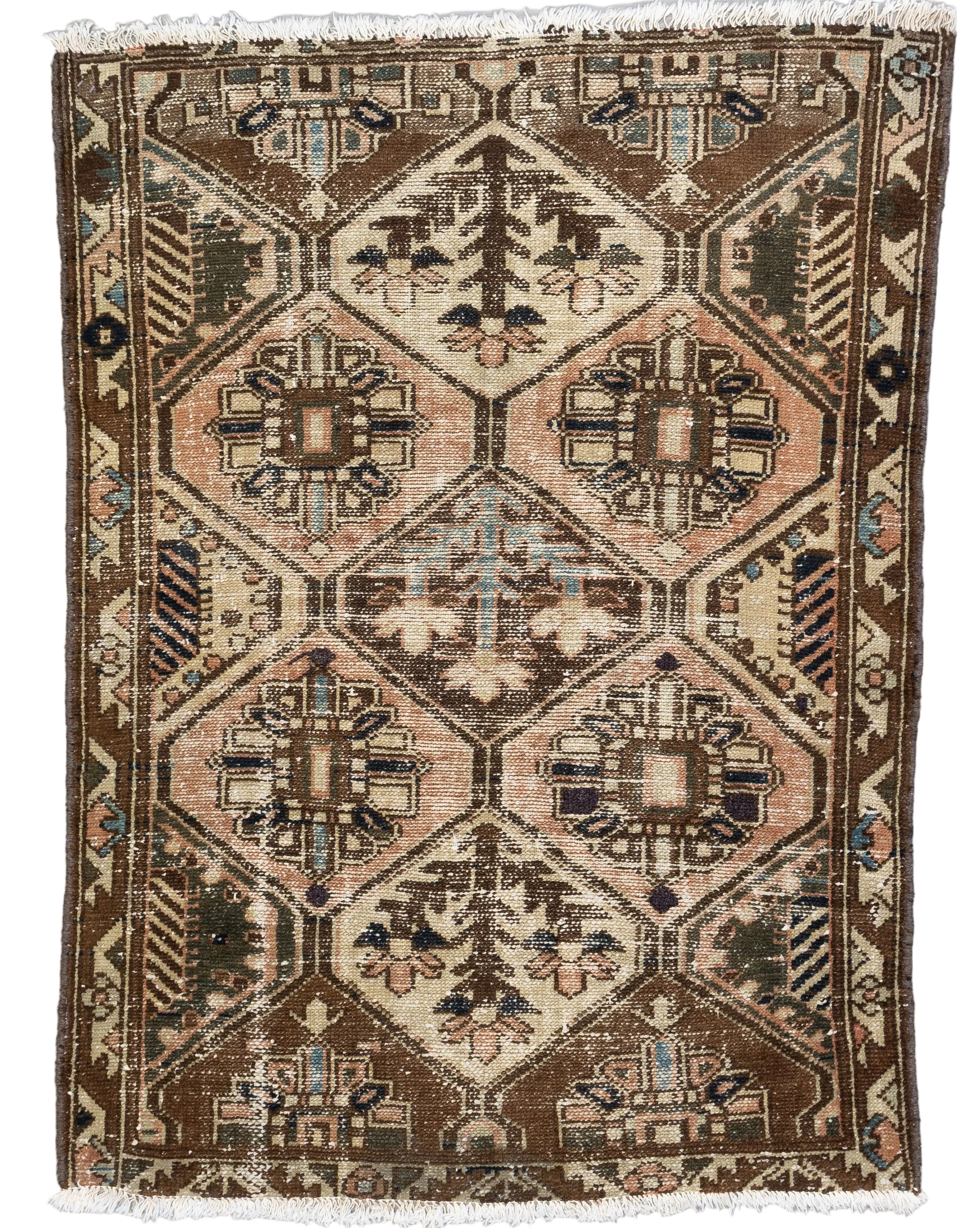 Brown vintage hand knotted Persian Bakhtiari wool rug with compartment diamond design, 3'4x4'6