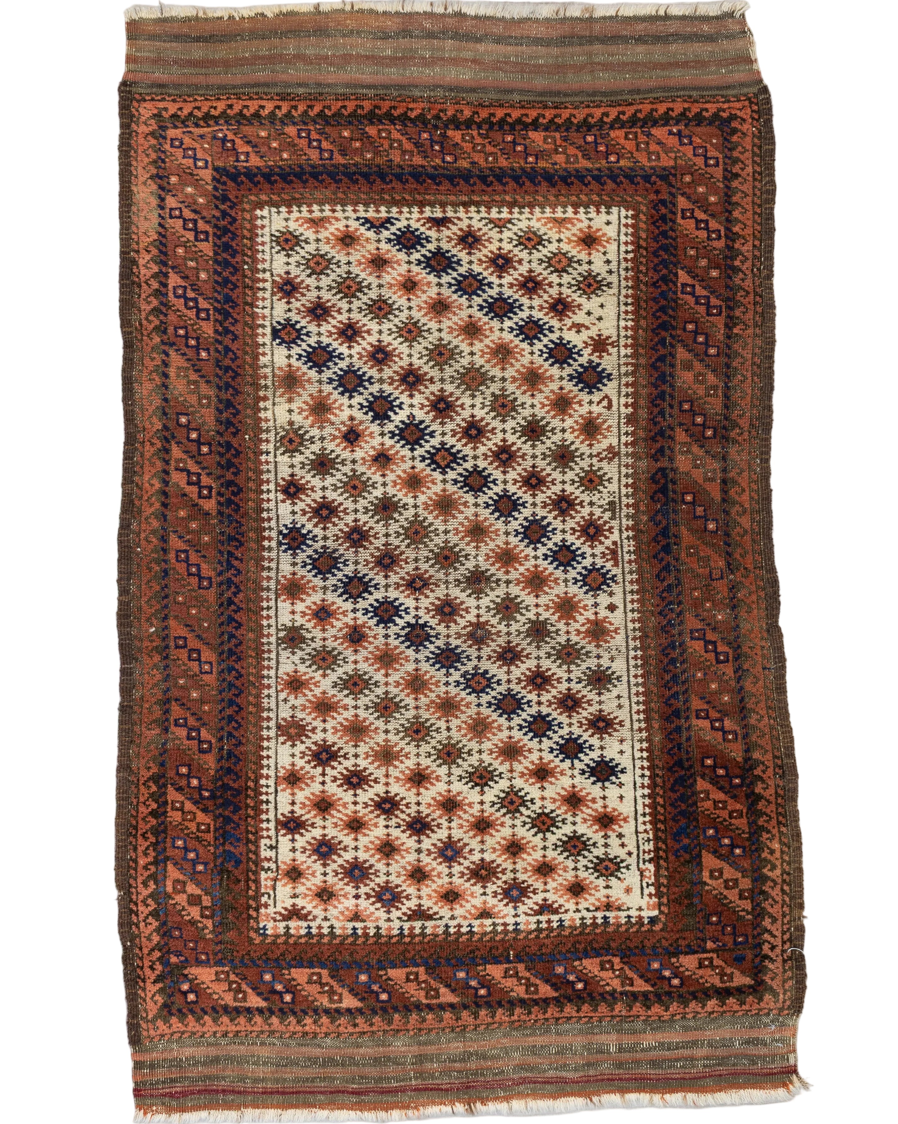 Ivory hand-knotted Persian Baluch wool rug with rust and indigo diamond lattice pattern, 3' x 5'