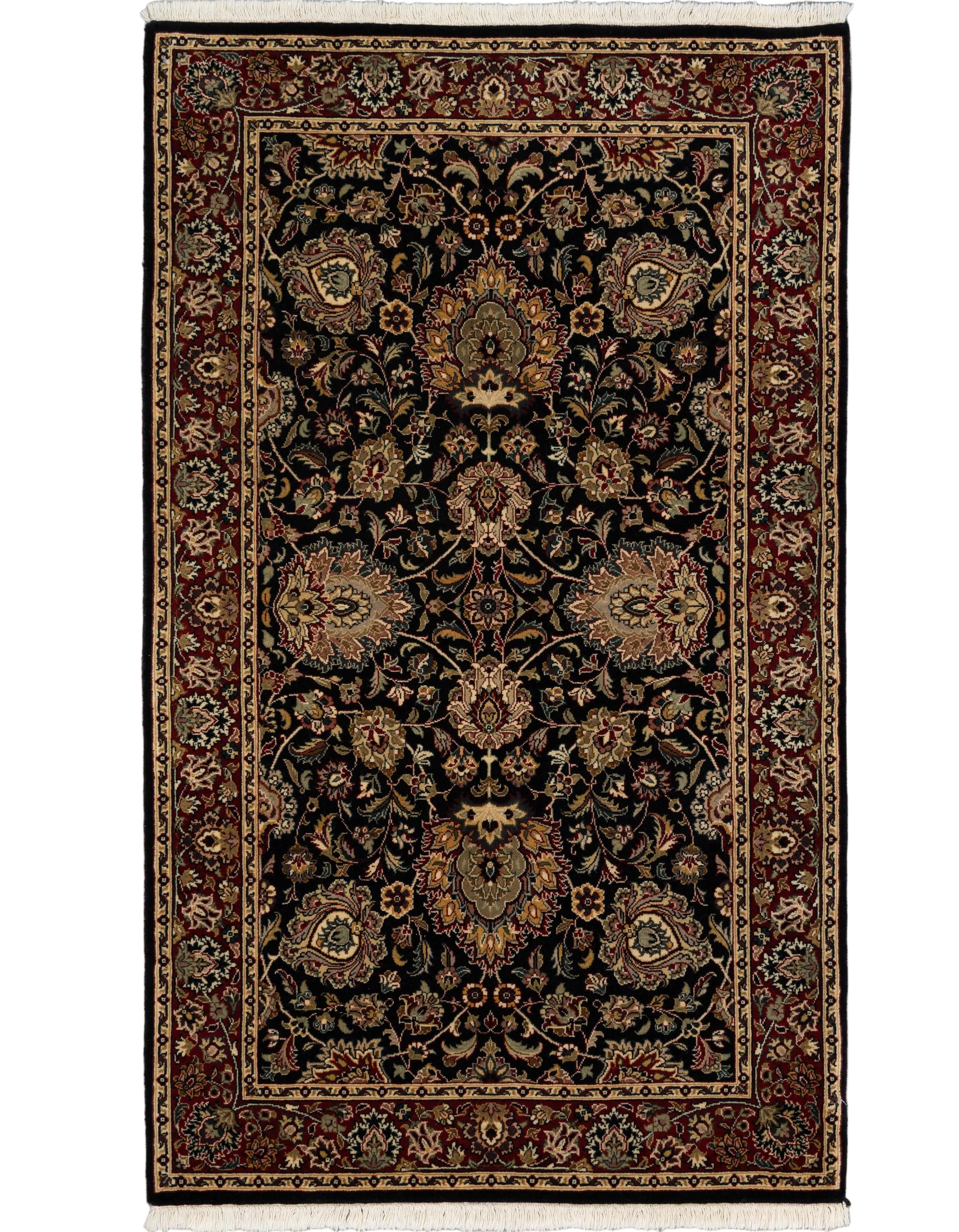 Hand-knotted black wool Pakistani rug with red border and lotus floral medallion, 3' x 5'.