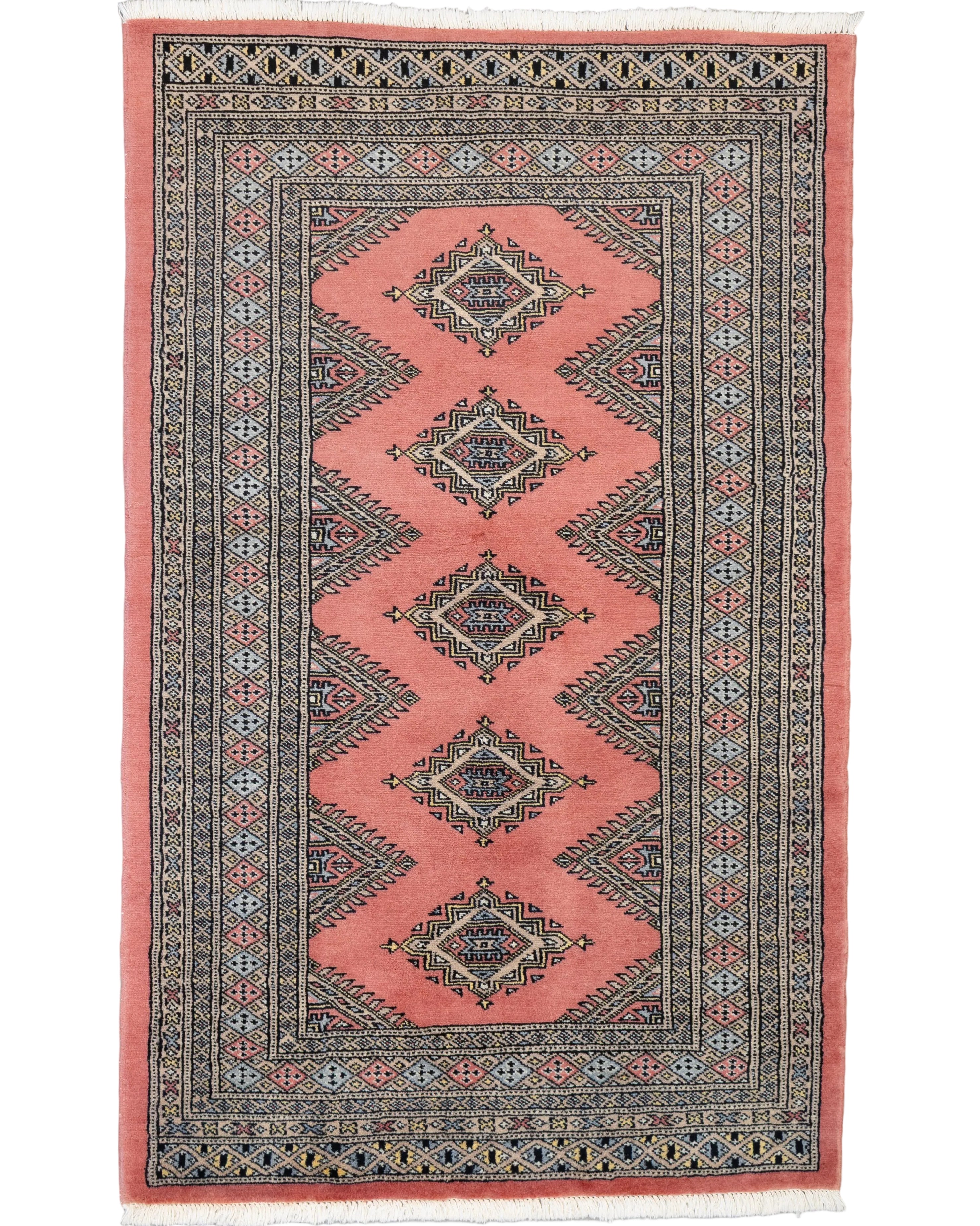 Hand-knotted coral wool Pakistani Jaldar rug with repeating diamond gul pattern, 3' x 5'.
