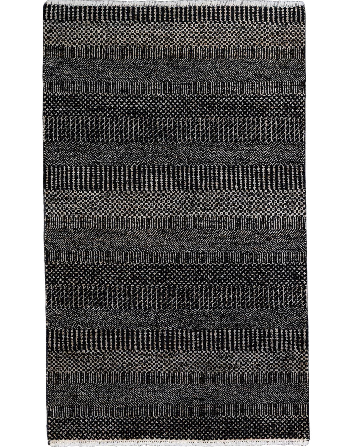One-of-a-kind 3' x 5'1" Pakistani hand-knotted wool rug featuring alternating black and ivory geometric stripes with intricate diamond, chevron, and linear patterns.
