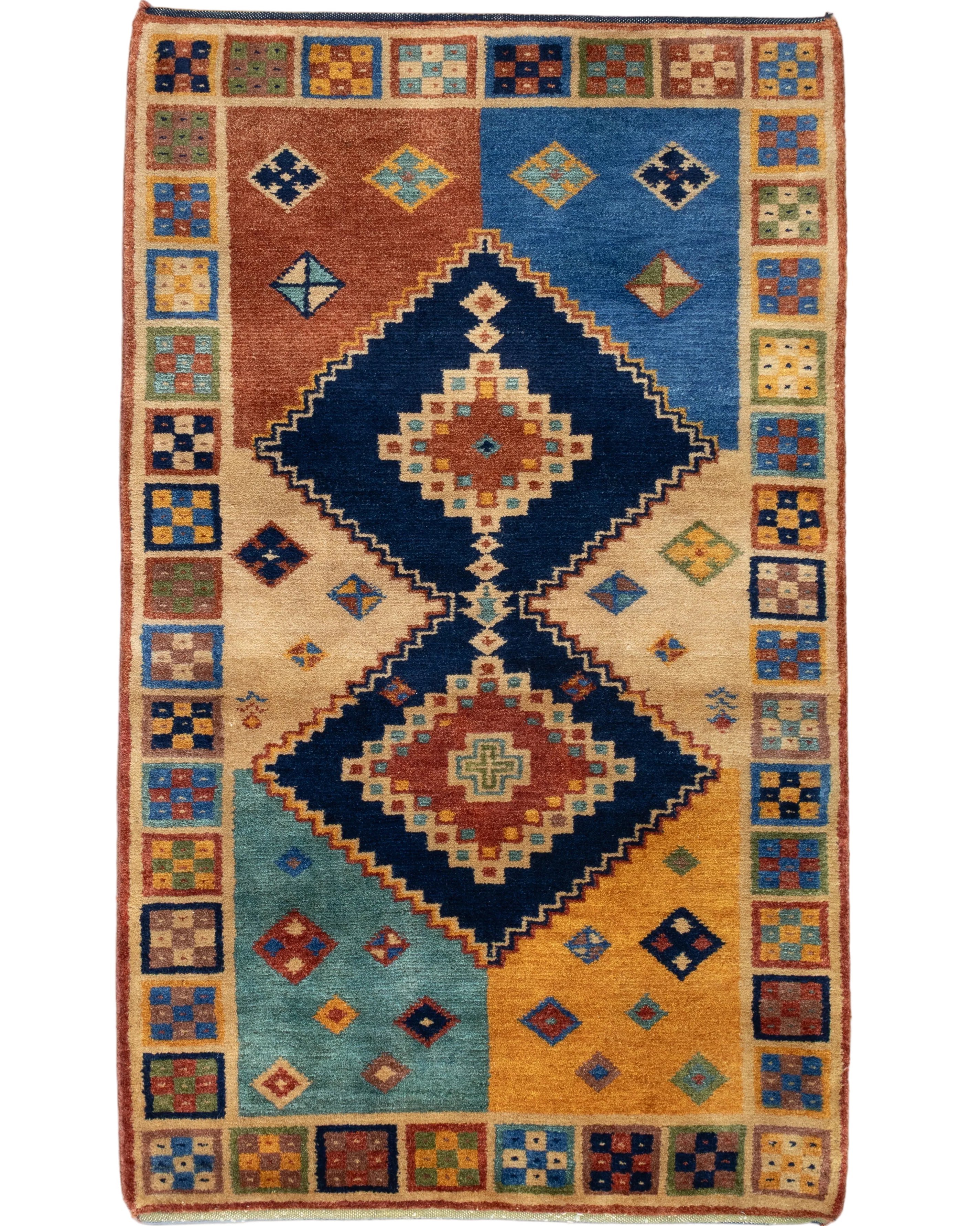 Multicolor hand knotted Gabbeh wool rug with color-block design and navy diamond medallions, 3x5