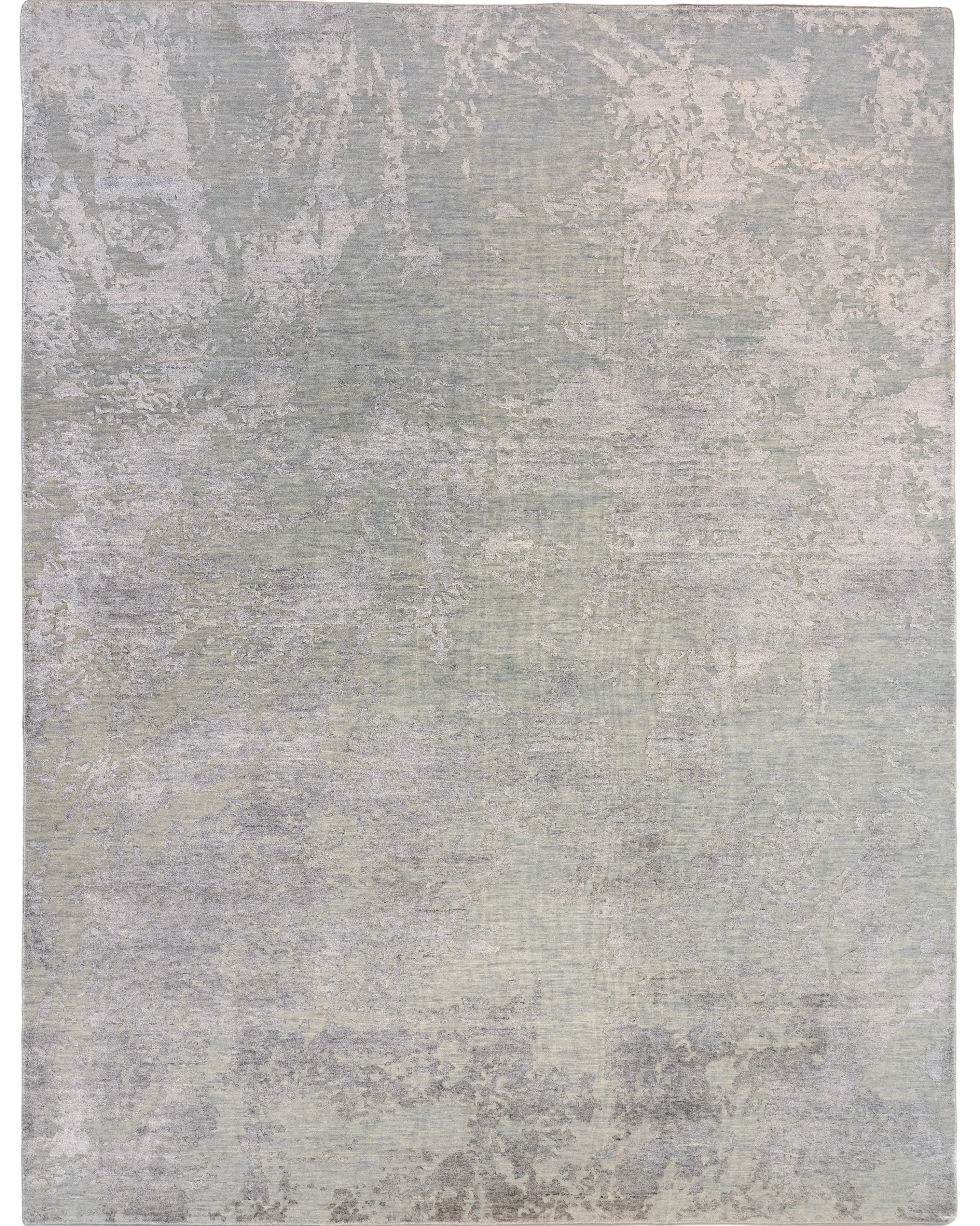 Gray and blue hand knotted modern abstract wool and bamboo silk rug with soft sage and ivory tones, 7'10x10'1