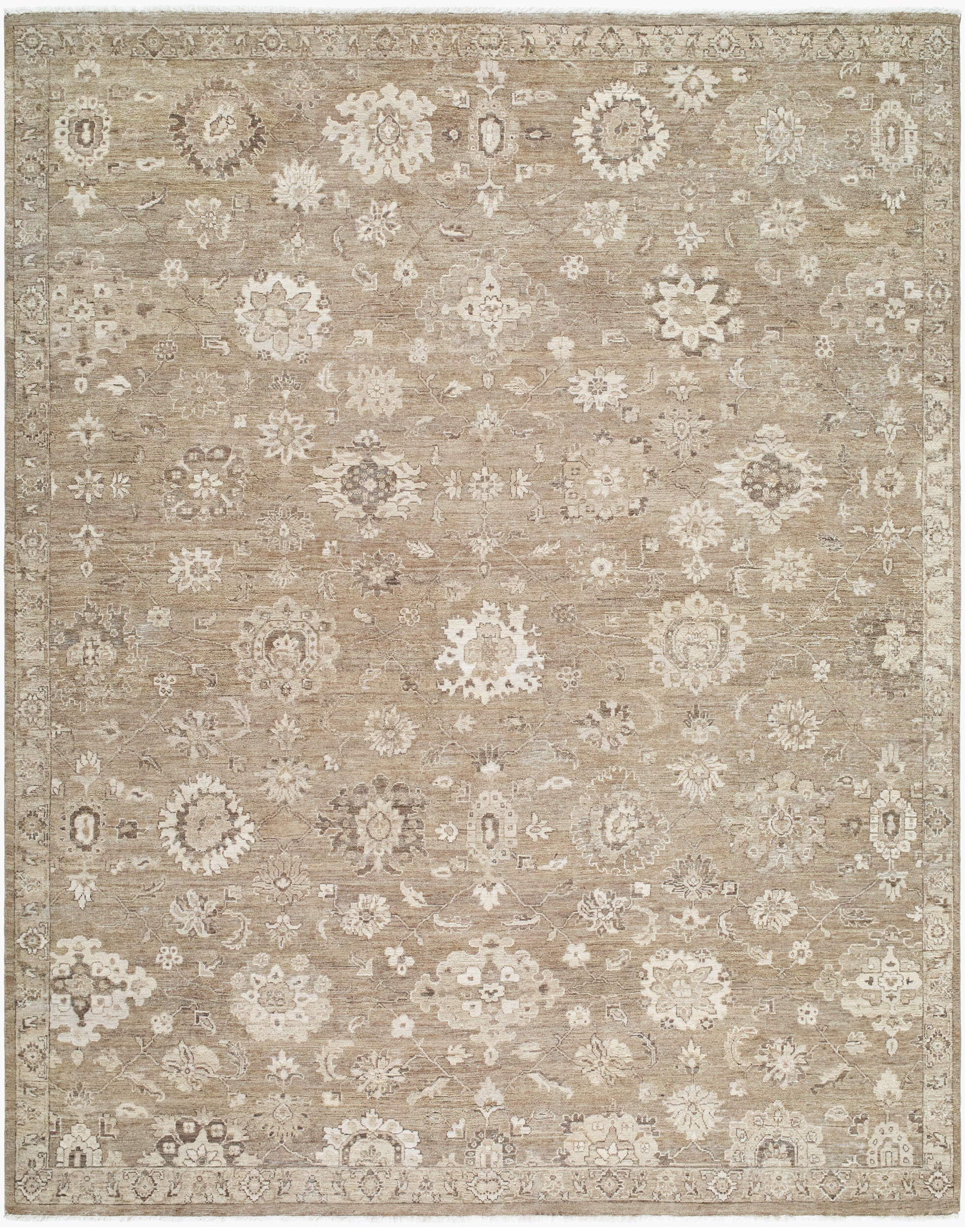 Hand-knotted taupe wool Indian rug with ivory Oushak-style floral trellis pattern.