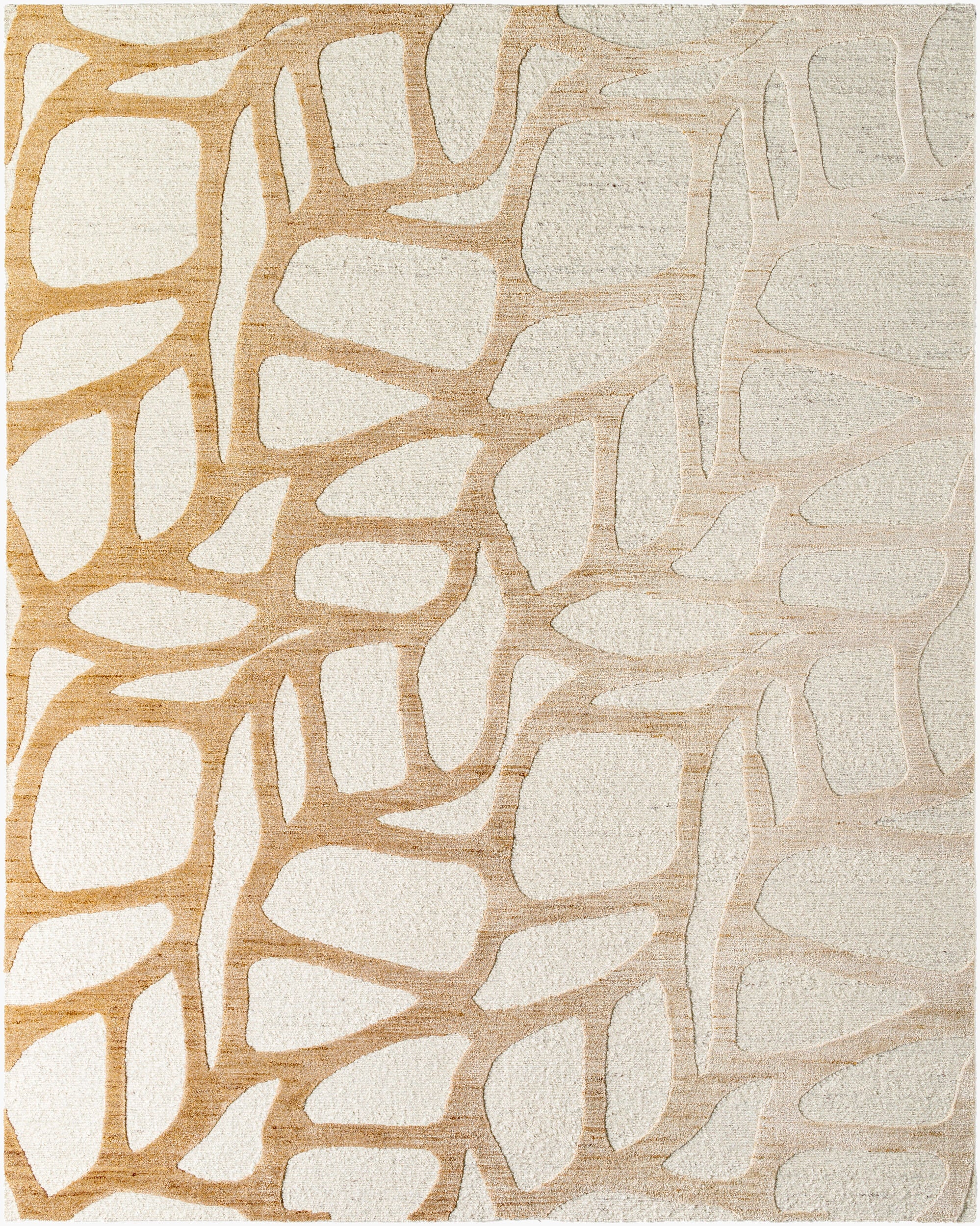 Ivory handknotted wool and bamboo silk rug with an abstract camel-toned organic linework pattern, shown in a bedroom setting.