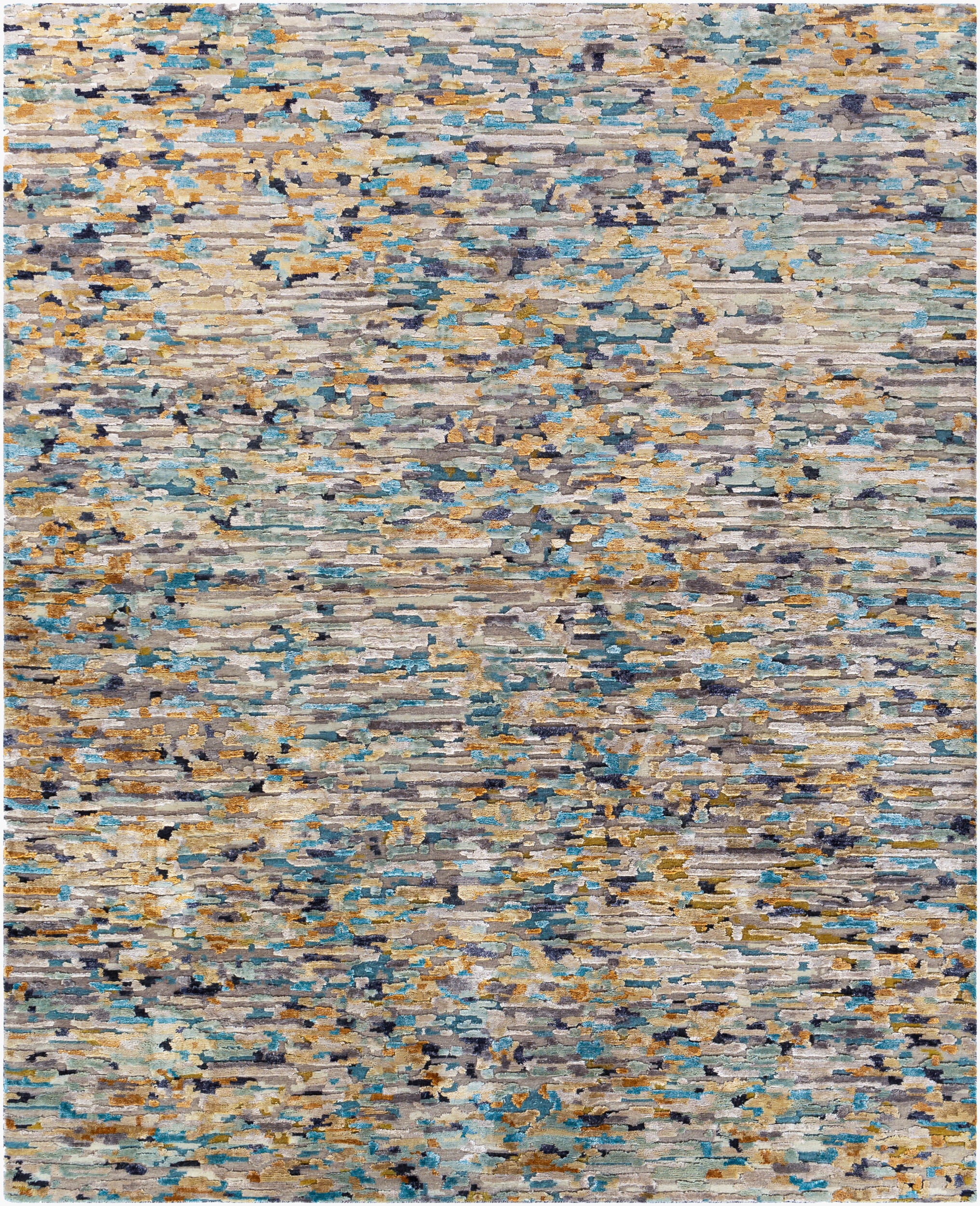 Hand-knotted taupe wool, silk, and bamboo silk rug with multicolor teal and amber confetti abstract pattern, multiple sizes available.