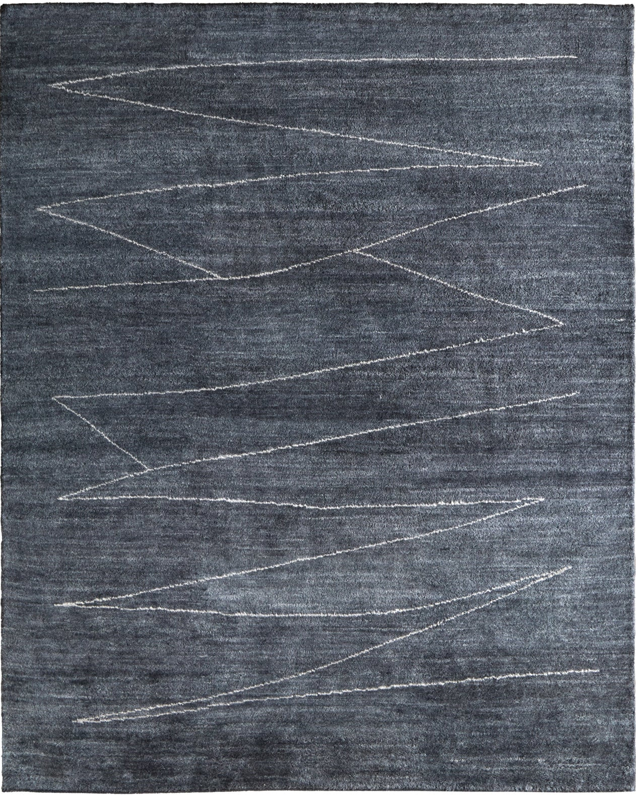 Hand-knotted blue-gray plush wool rug with single ivory zigzag line pattern, multiple sizes available.