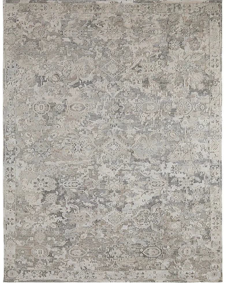 Fine hand-knotted gray wool and silk rug with muted floral pattern, multiple sizes available.