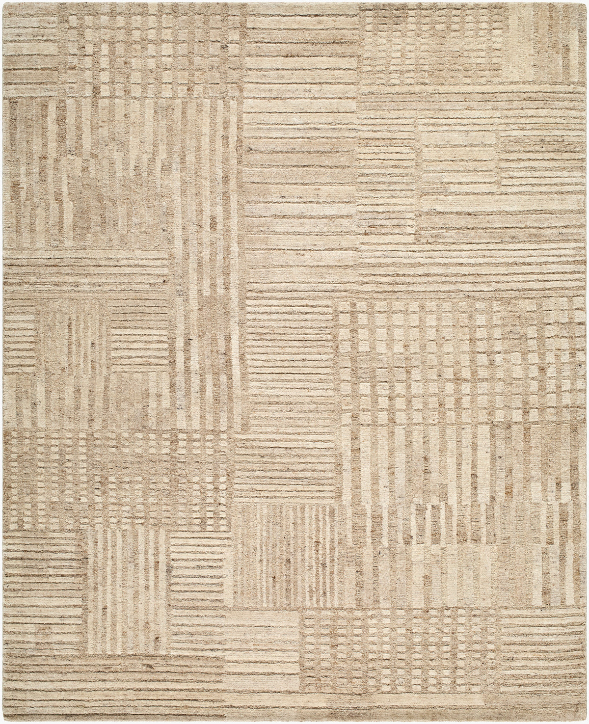 Beige handknotted wool rug with a patchwork directional stripe pattern, available in multiple sizes.