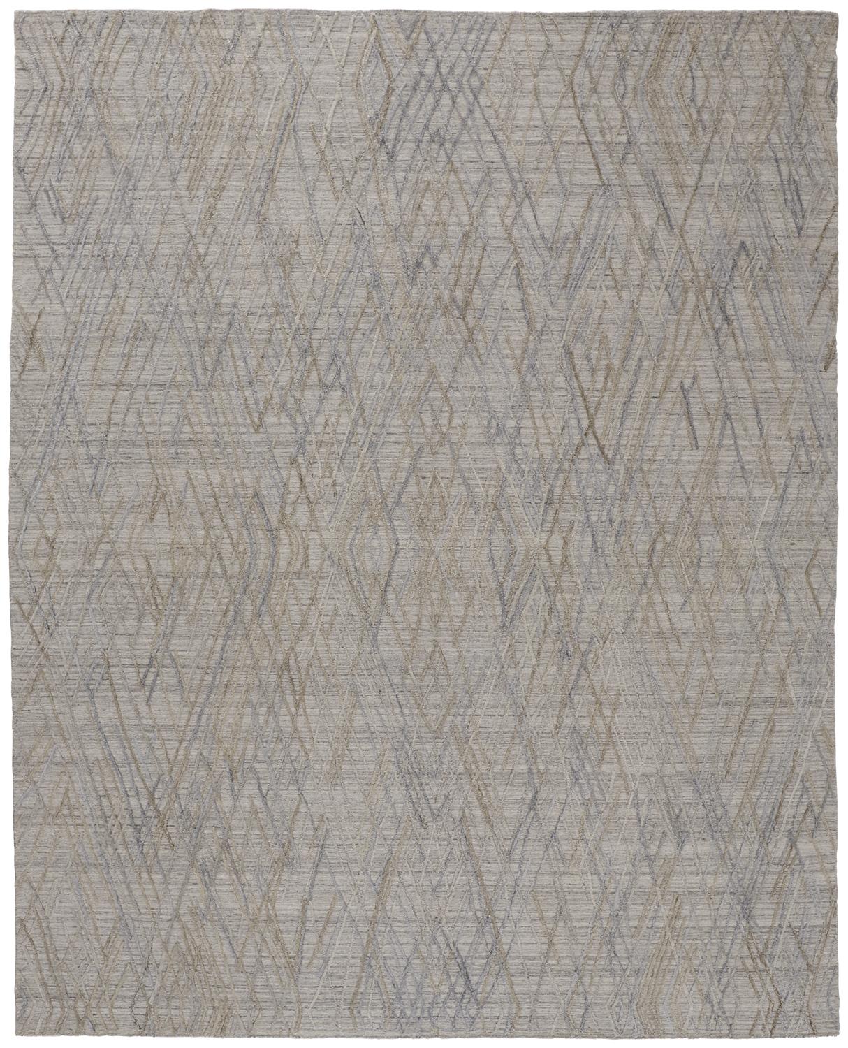 Hand-woven wool and bamboo silk rug with angular diamond lattice pattern, multiple sizes available.