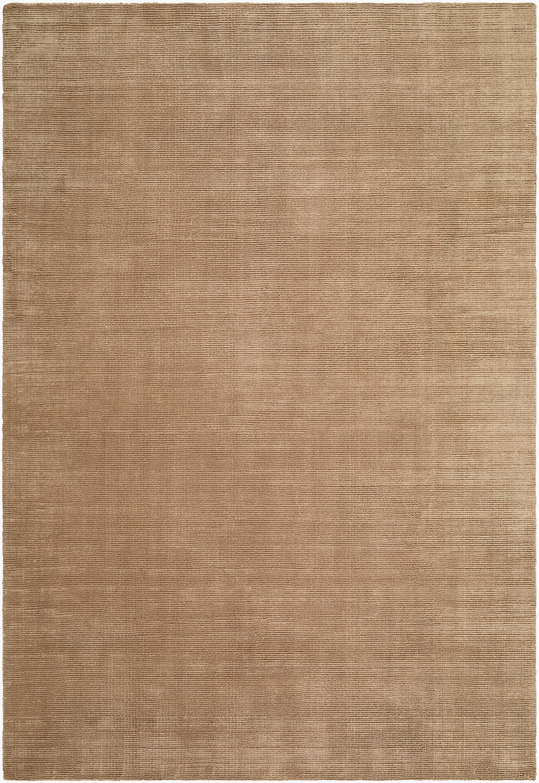 Solid beige handwoven P.E.T fiber rug with fine ribbed texture, available in multiple sizes.