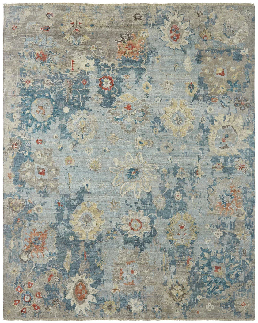 Artistic Blue Hand-Knotted Wool Abstract Floral Rug - Bashir Collection
