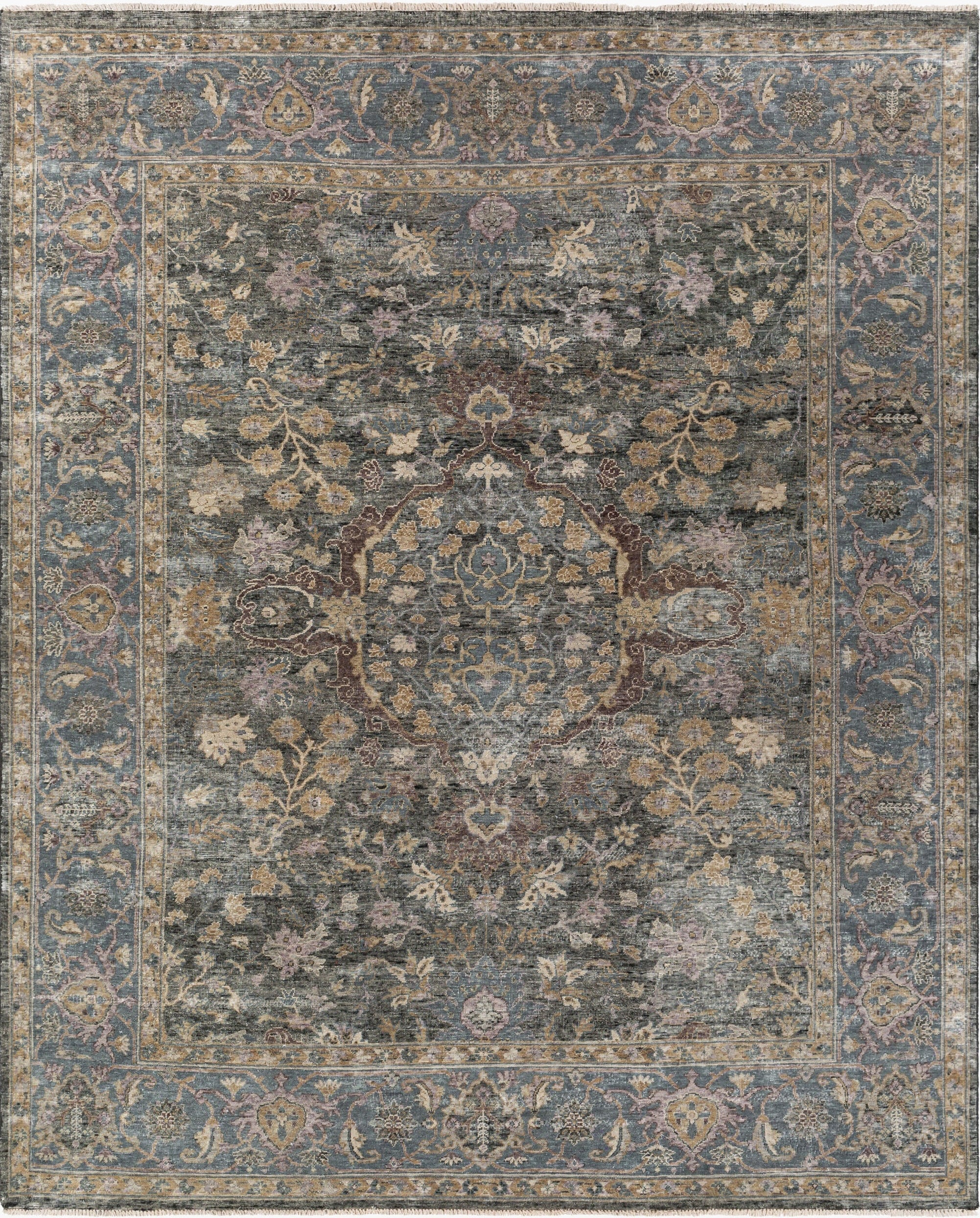 Hand-knotted charcoal and blue wool rug with burgundy medallion and gold floral pattern, fine weave, multiple sizes available.