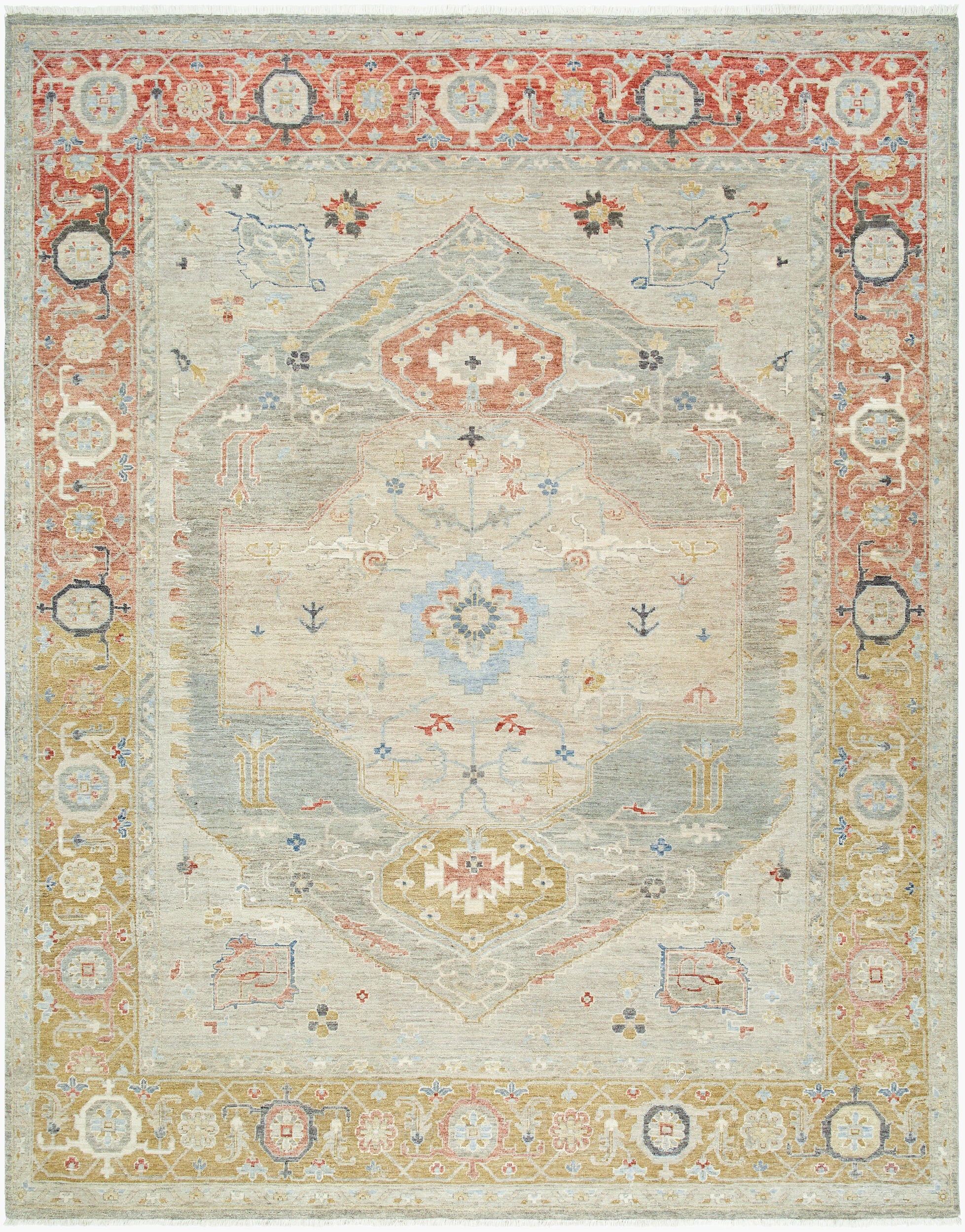 Hand-knotted gray wool rug with burgundy border and stepped medallion pattern, multiple sizes available.
