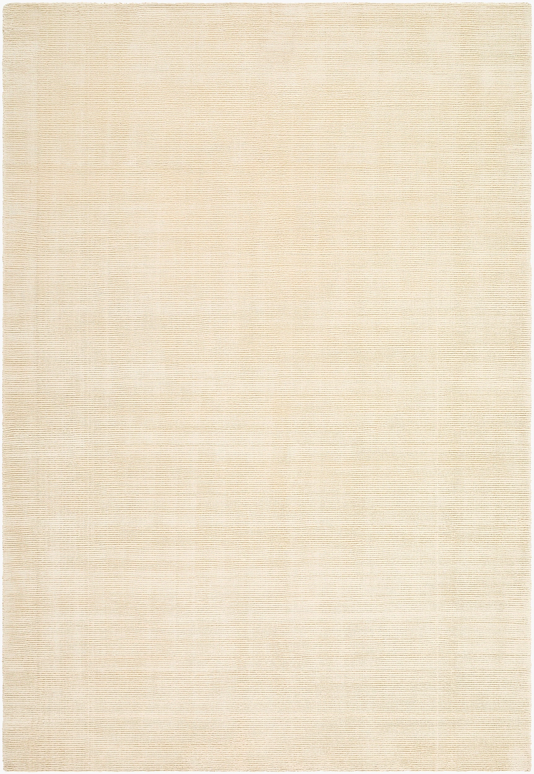 Solid cream handwoven P.E.T fiber rug with fine ribbed texture, available in multiple sizes.