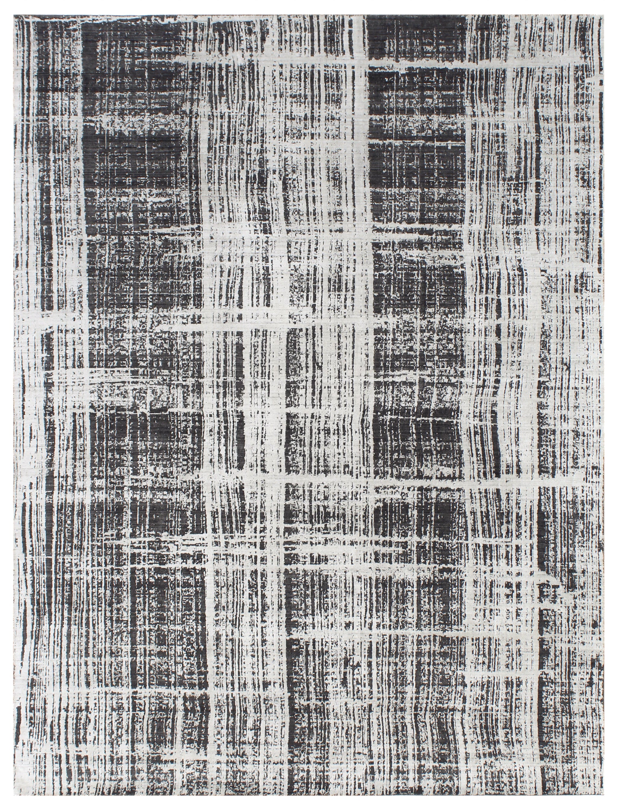 Handmade charcoal wool and bamboo silk rug with fractured ivory grid pattern, multiple sizes available.