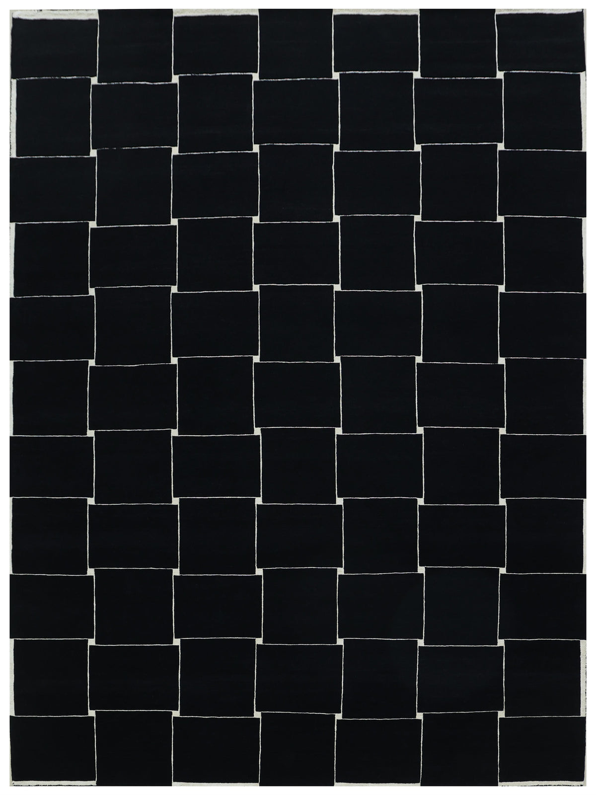 Pavé hand-knotted wool rug from India featuring a deep black field of staggered rectangular blocks separated by fine ivory geometric outlines, available in multiple sizes.