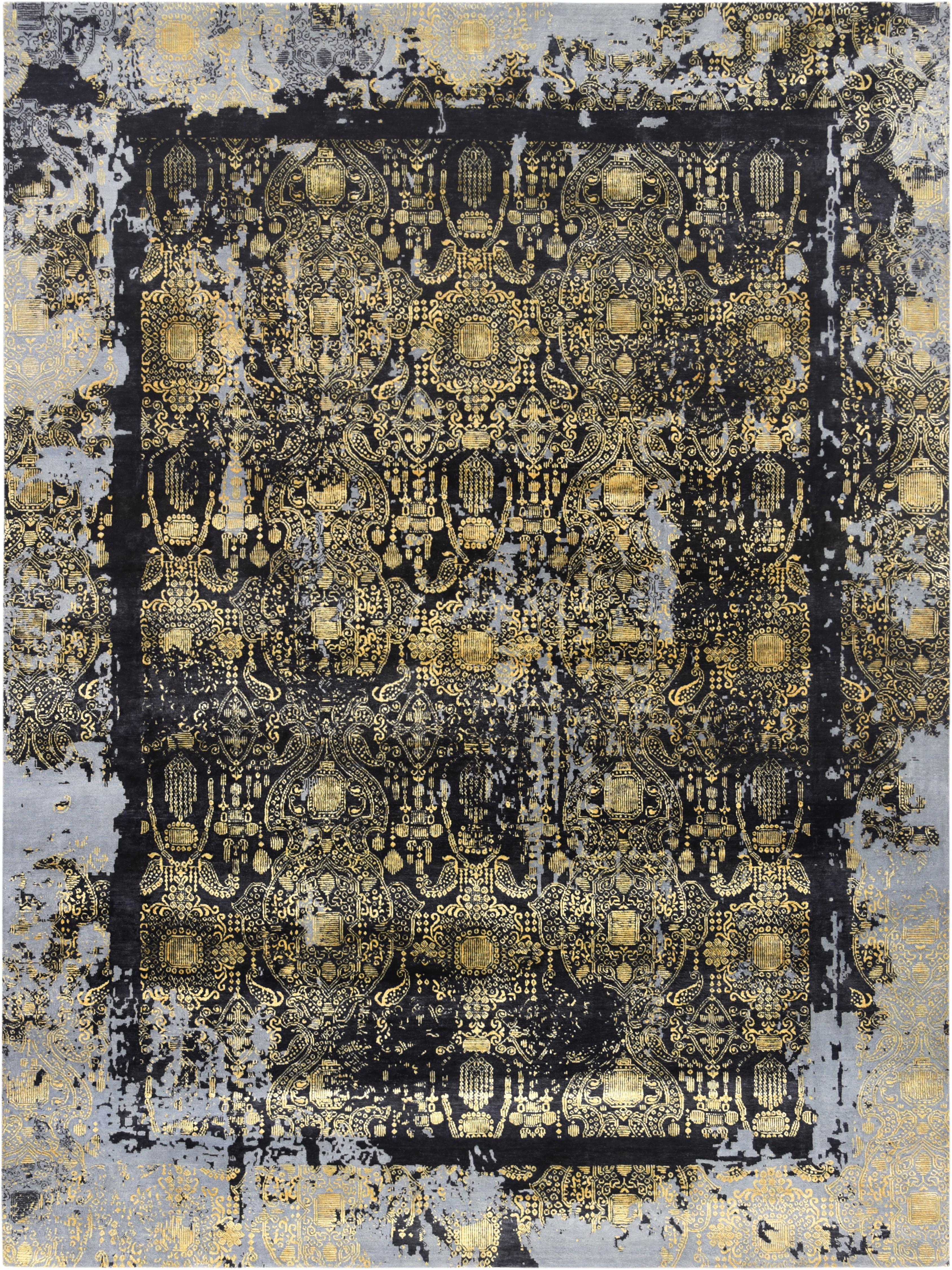 Hand-knotted black wool and bamboo silk rug with distressed gold brocade pattern, multiple sizes available.