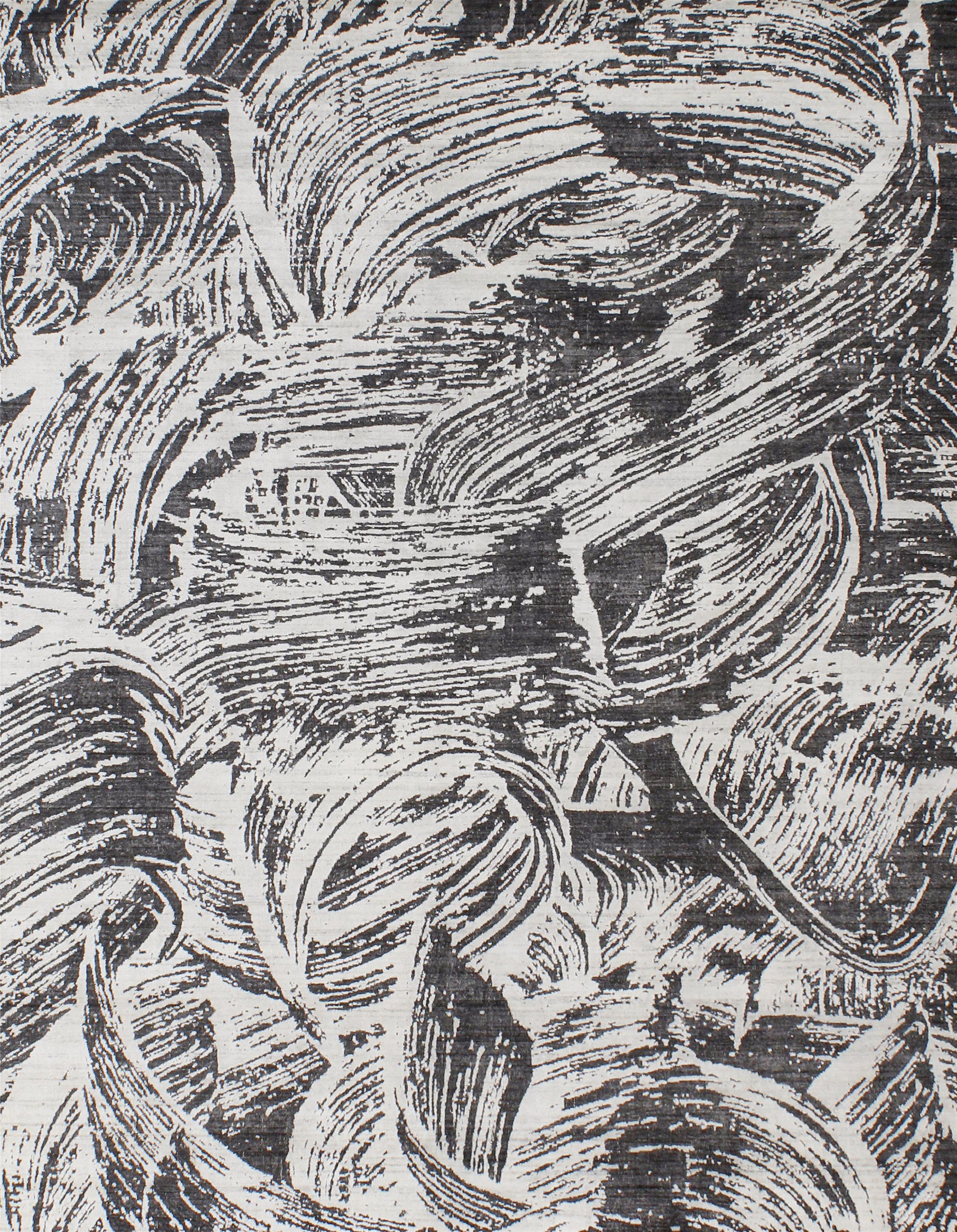 Hand-knotted ivory wool and bamboo silk rug with bold charcoal brushstroke swirl pattern, multiple sizes available.