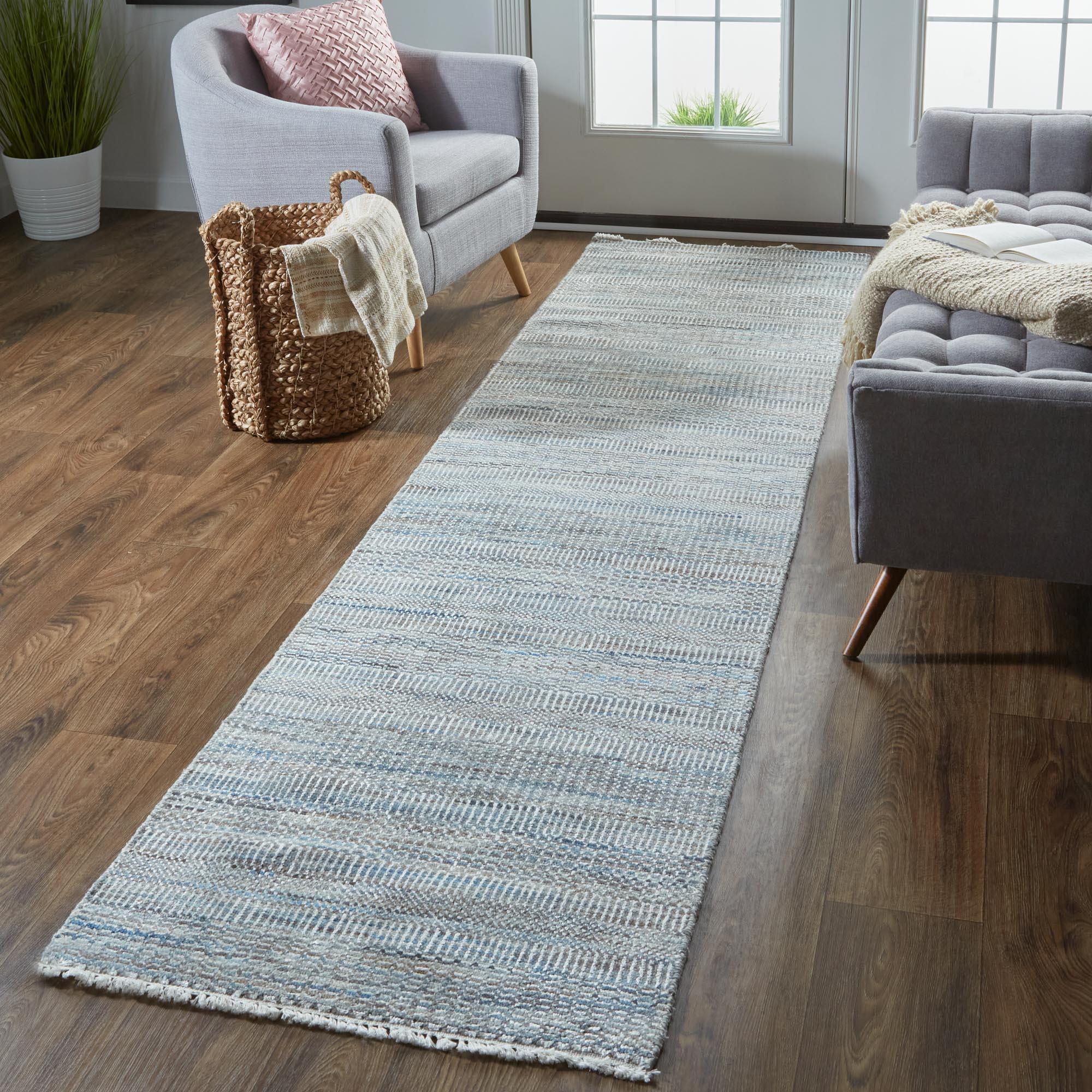 Janson Classic Striped Rug, Warm Gray/Bright Blue, 5ft-6in x 8ft-6in Area Rug - Modern Rug Importers