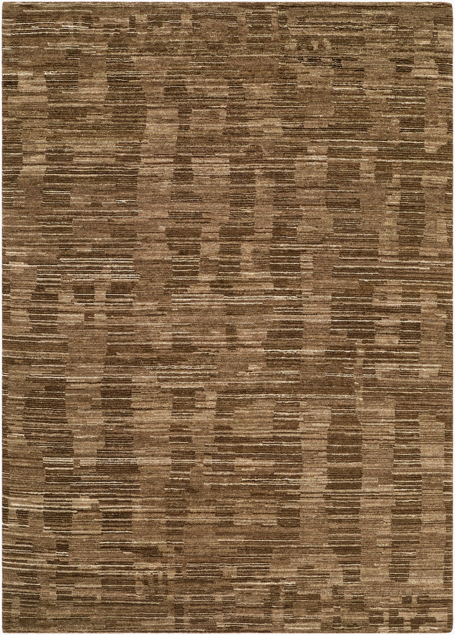 Hand-knotted brown wool and silk rug with striated abstract pattern, multiple sizes available.