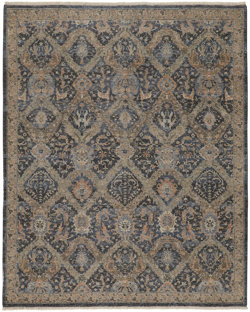 Slate blue handknotted wool rug with a taupe diamond trellis medallion pattern, corner-folded to show fringe detail.